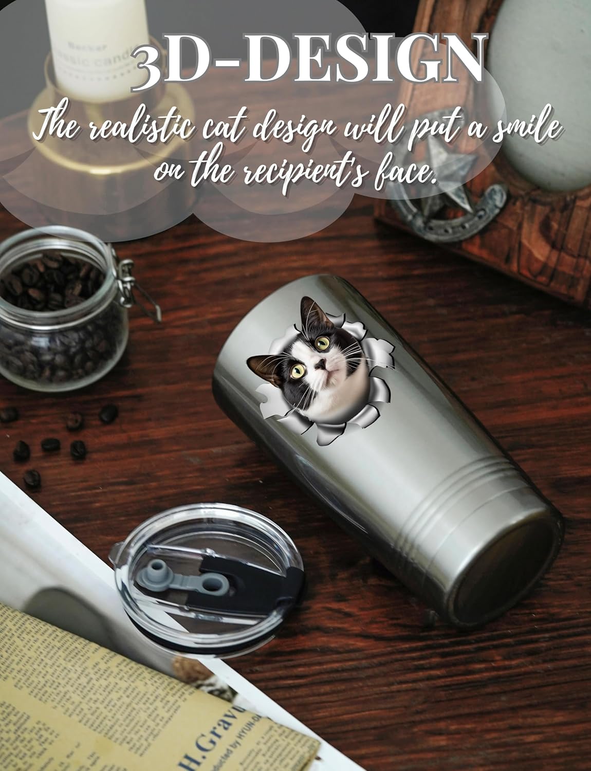Onebttl Regalos de gato de esmoquin para amantes de los gatos, vaso aislado de 20 onzas con tapa y pajilla, divertidos regalos para papá y mamá para