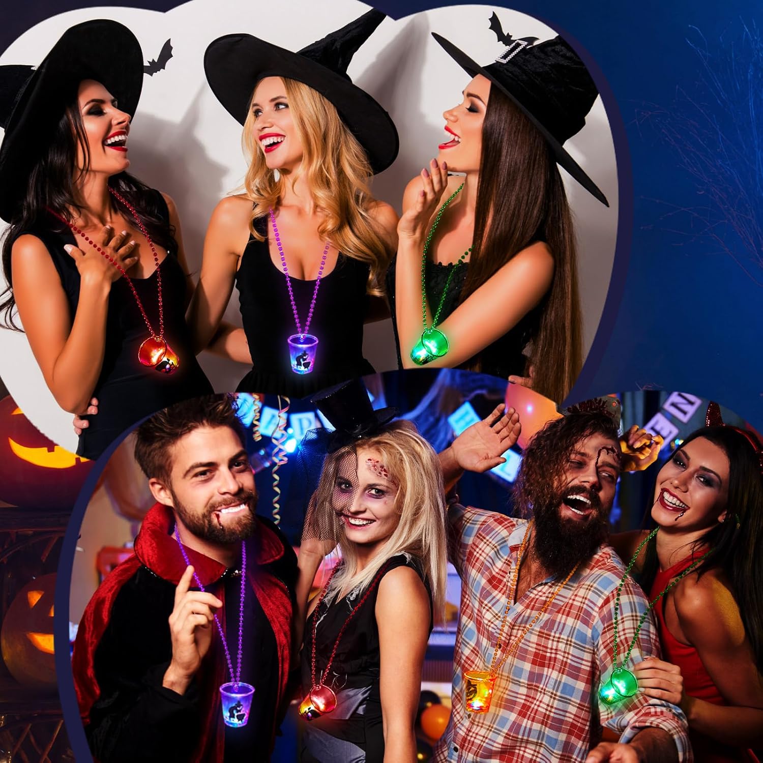 12 piezas de cristal de chupito de Halloween con luz LED, collar de cuentas, vasos de chupito de plástico que brillan en la oscuridad, collares de