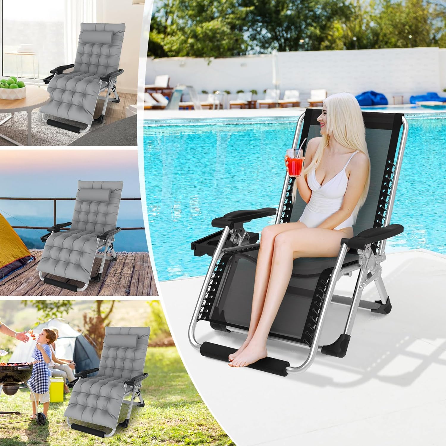 Suteck Silla de gravedad cero de gran tamaño de 33 pulgadas XXL con cojín extraíble, sillas de salón para exteriores, sillón reclinable con soporte