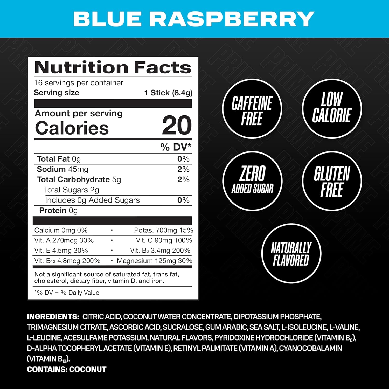 PRIME HYDRATION + Sticks Blue Raspberry  Palitos de hidratación en polvo de una sola porción  Polvo de electrolitos sobre la marcha  250 mg de BCAA,
