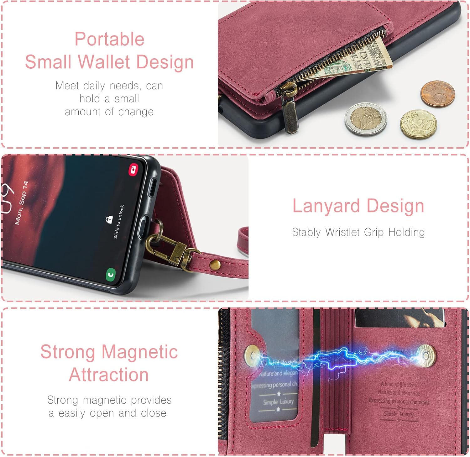 Asuwish Funda de teléfono para Samsung Galaxy S23 5G Funda tipo cartera con protector de pantalla de vidrio templado y cremallera RFID Bloqueo