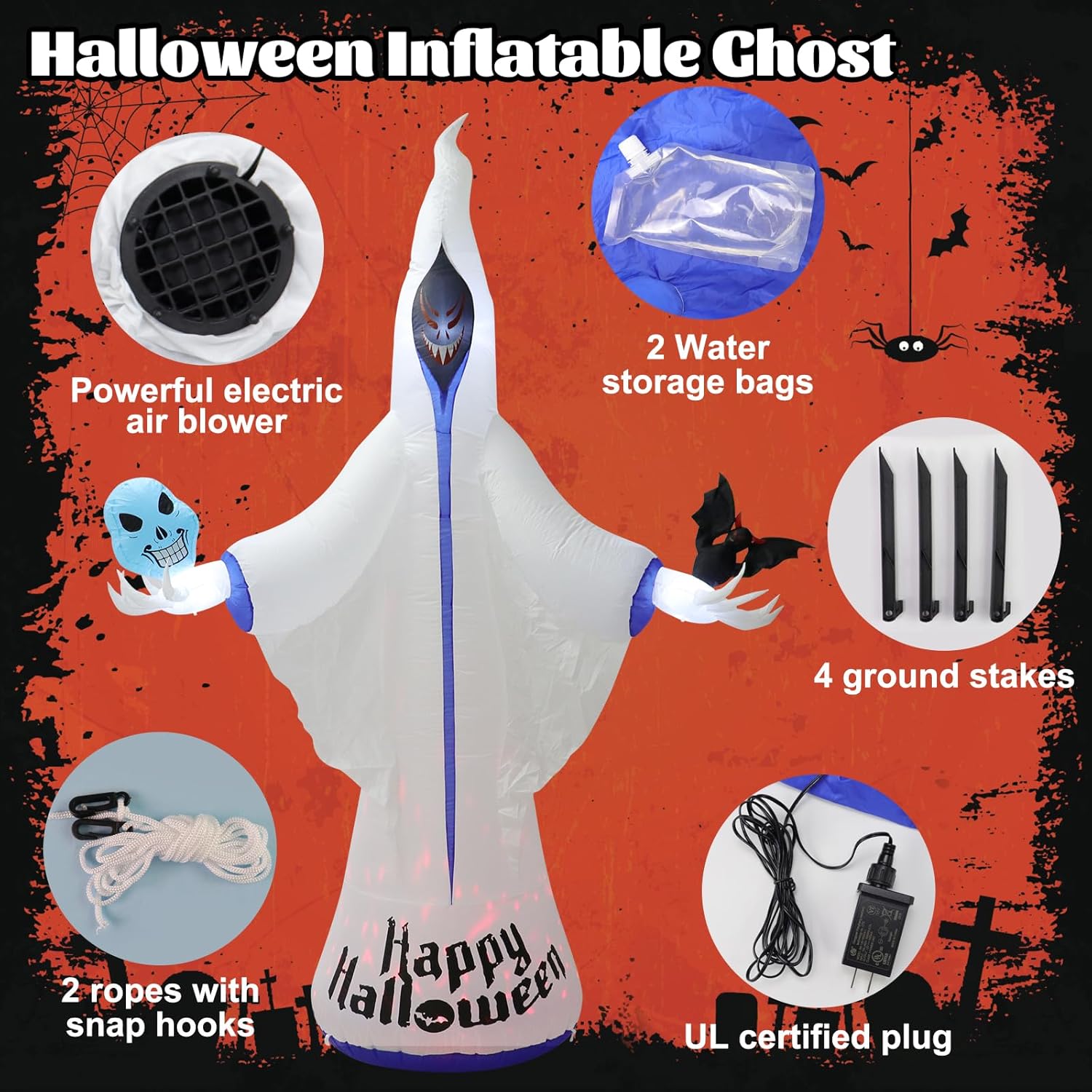 Decoraciones inflables de fantasma blanco de Halloween de 9 pies, decoraciones inflables de Halloween al aire libre con luces LED, patio inflable de