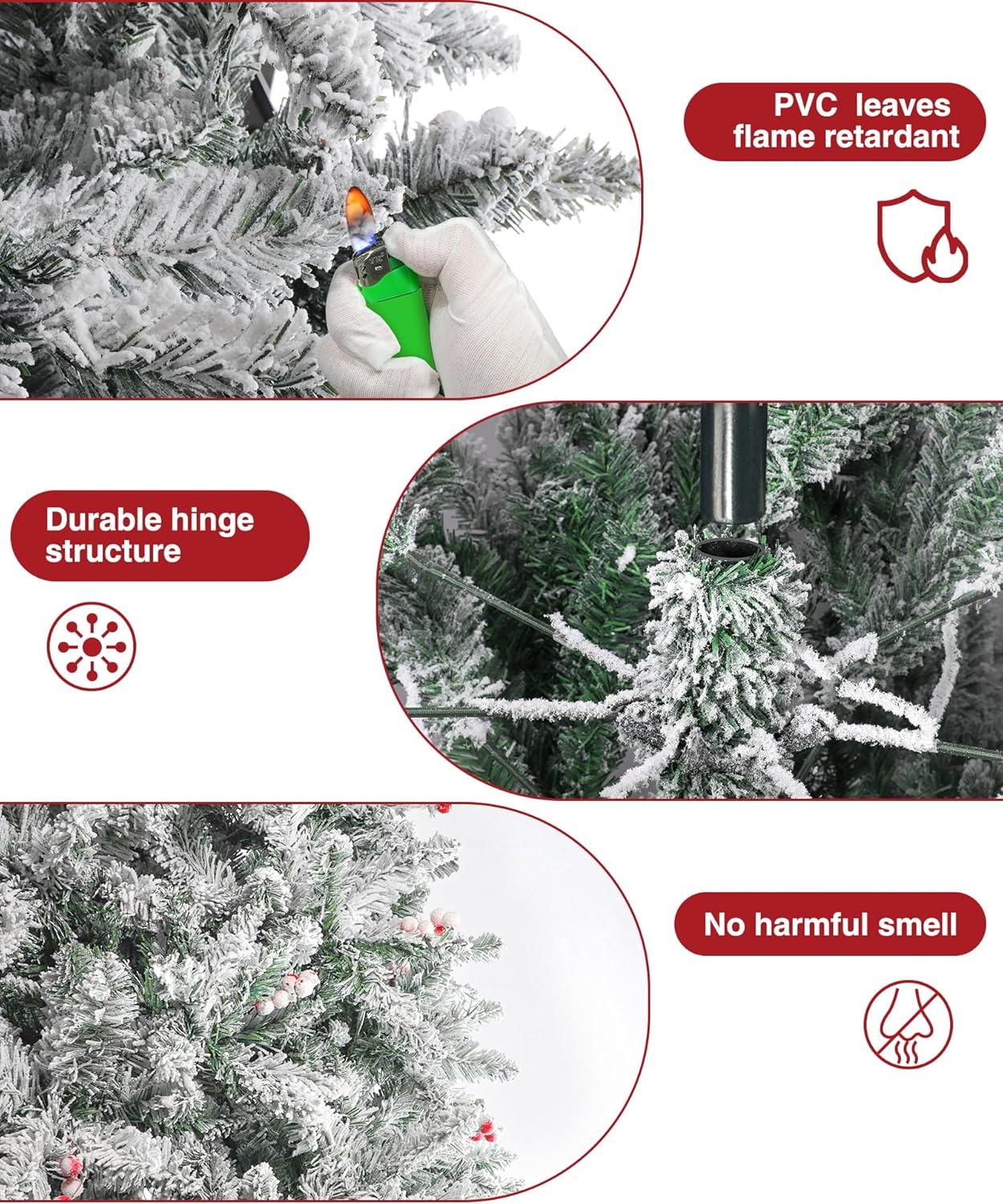 BROVIEW Árbol de Navidad flocado de 6.5 pies, árboles de Navidad artificiales predecorados con 1100 puntas de rama, 58 bayas, soporte plegable de