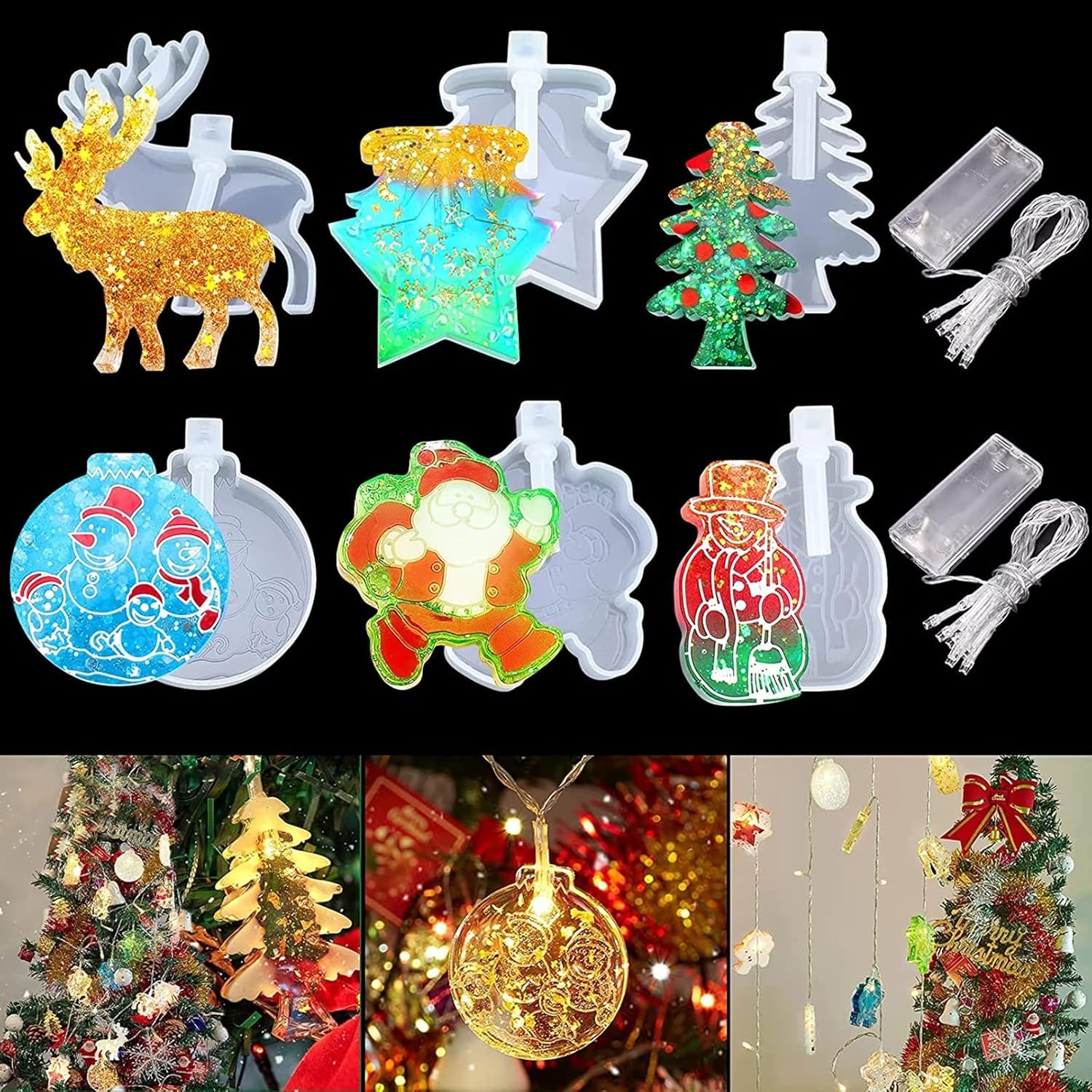 Moldes de resina de Navidad, moldes de silicona para adornos de Navidad, moldes de Navidad epoxi para fundición de resina con 2 luces de hadas para