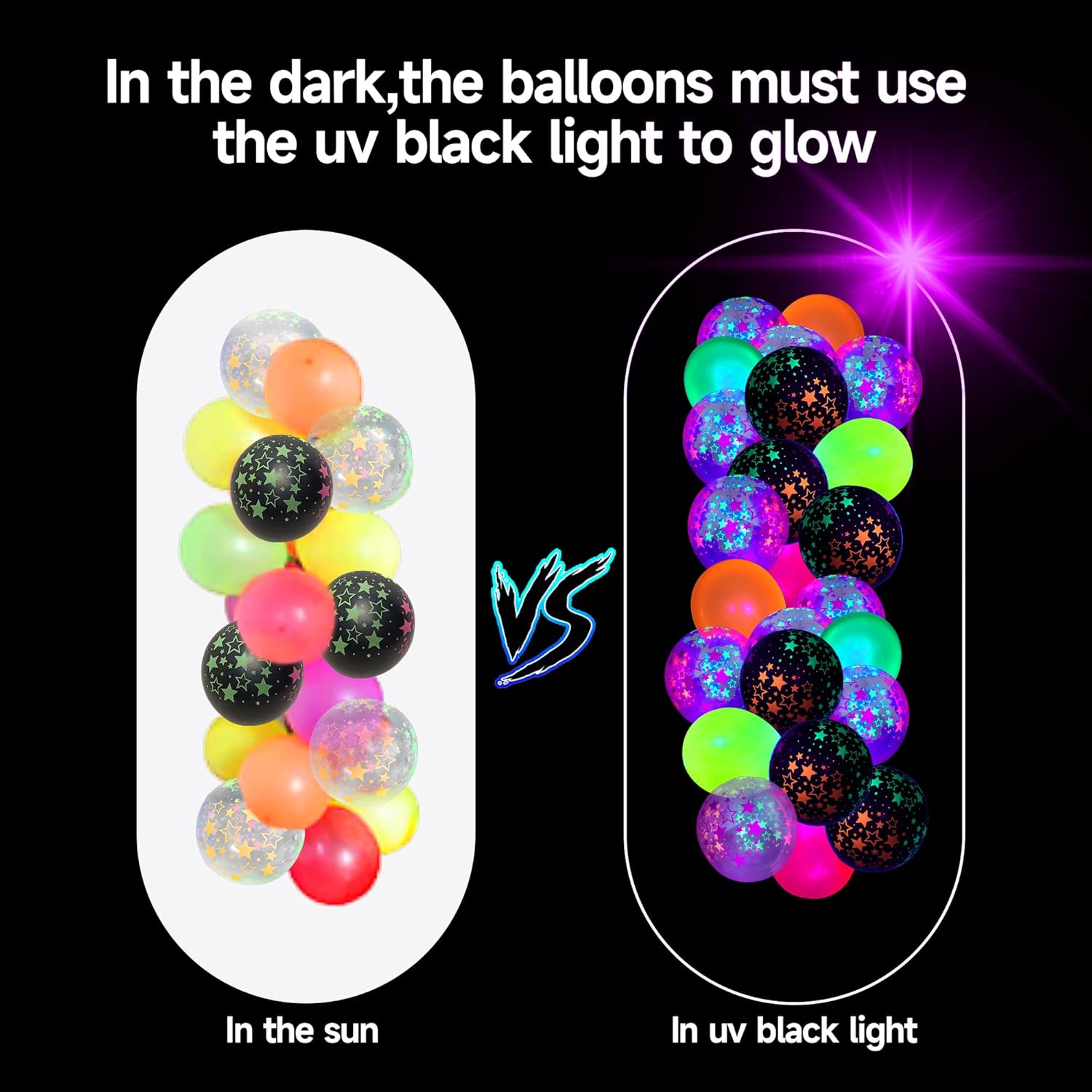 90 globos de neón UV, globos de fiesta con estrellas de neón, globos de luz negra UV que brillan en la oscuridad para decoraciones de cumpleaños,