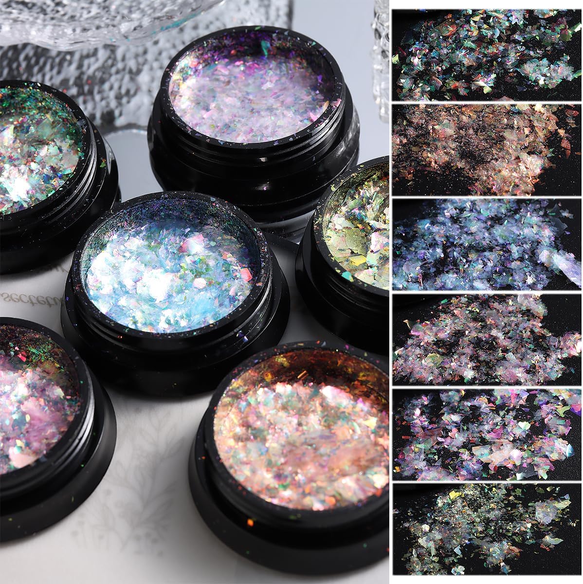 Juego de purpurina iridiscente para uñas, 6 copos de polvo cromado, efecto Aurora para uñas, escamas de ópalo de fuego de cristal rosa, azul,