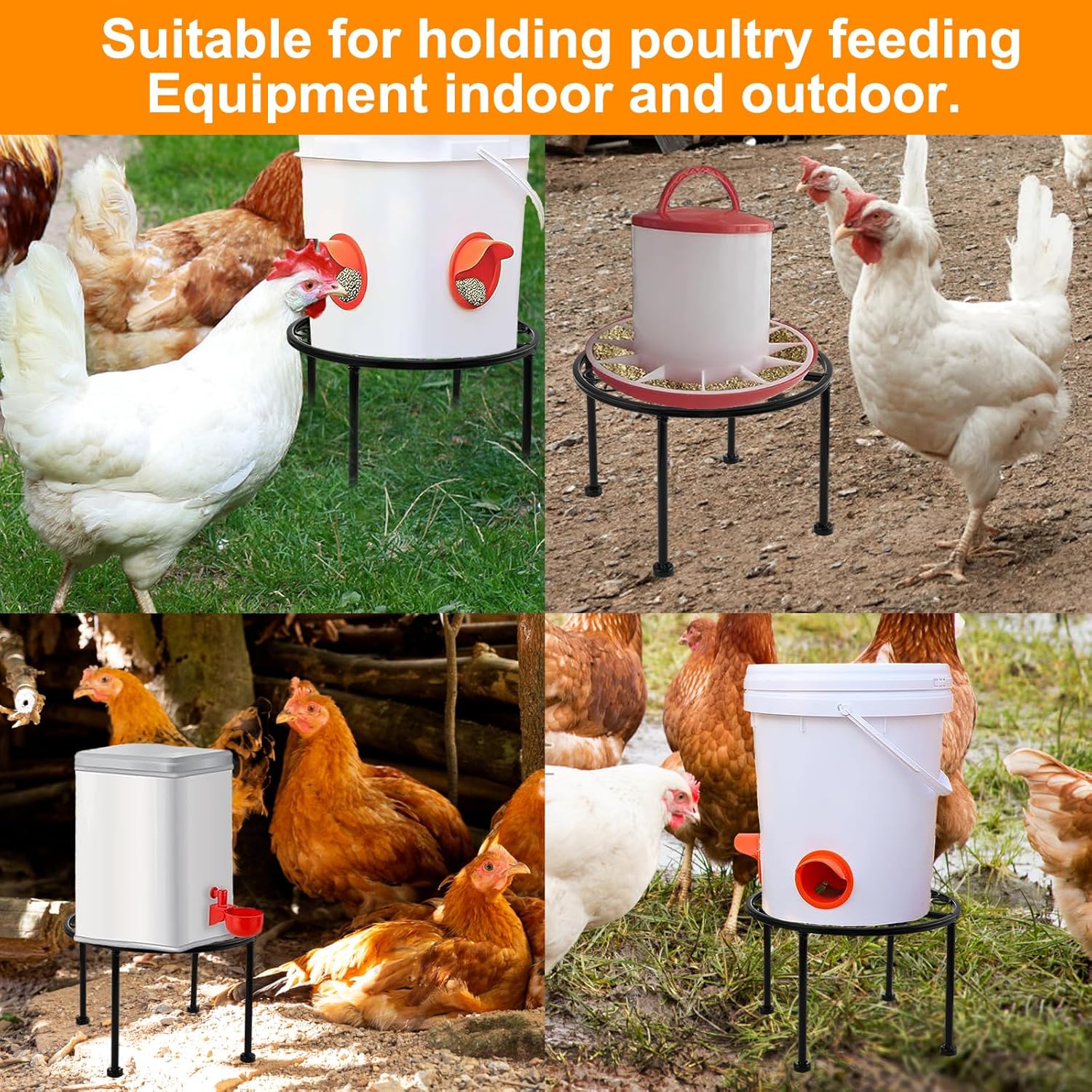 Soporte de metal para comedero y bebedero de pollo, 2 piezas, 4 patas de hierro desmontables, 11.4 in de diámetro, 7.1 in de altura, adecuado para