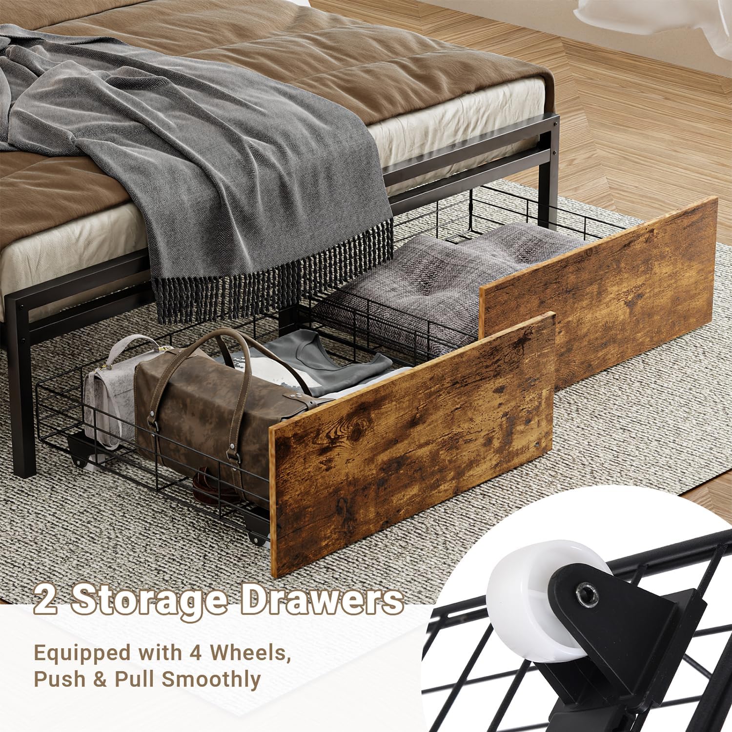 Zevemomo Base de cama LED Queen con 2 cajones, marco de cama de plataforma Queen con luces LED y estación de carga, 3 puertos USB y 1 puerto tipo C,