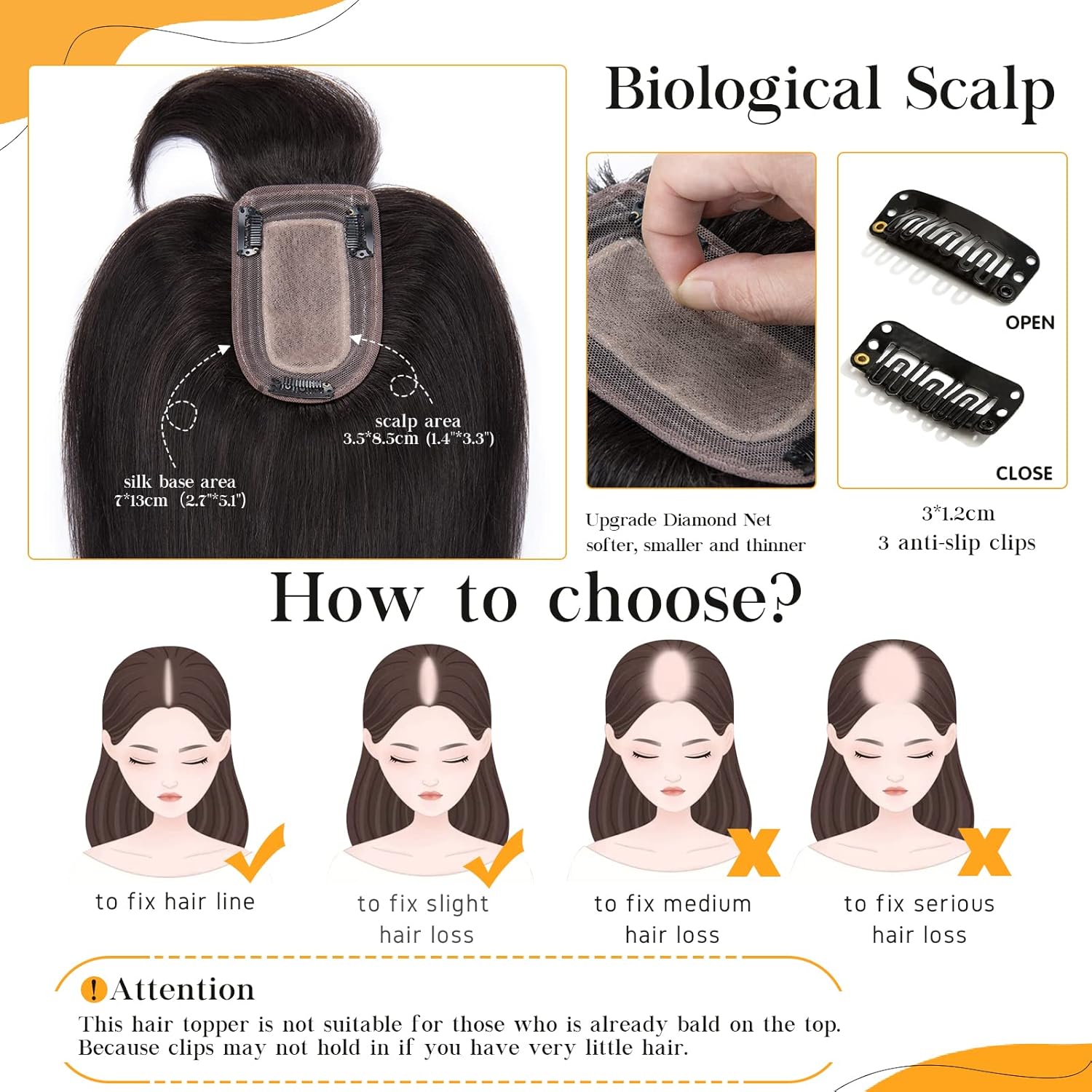 S-noilite Toppers para el cabello para mujer, con flequillo, 8 pulgadas, base de seda negra natural #1B, clip en la parte superior para mujeres con