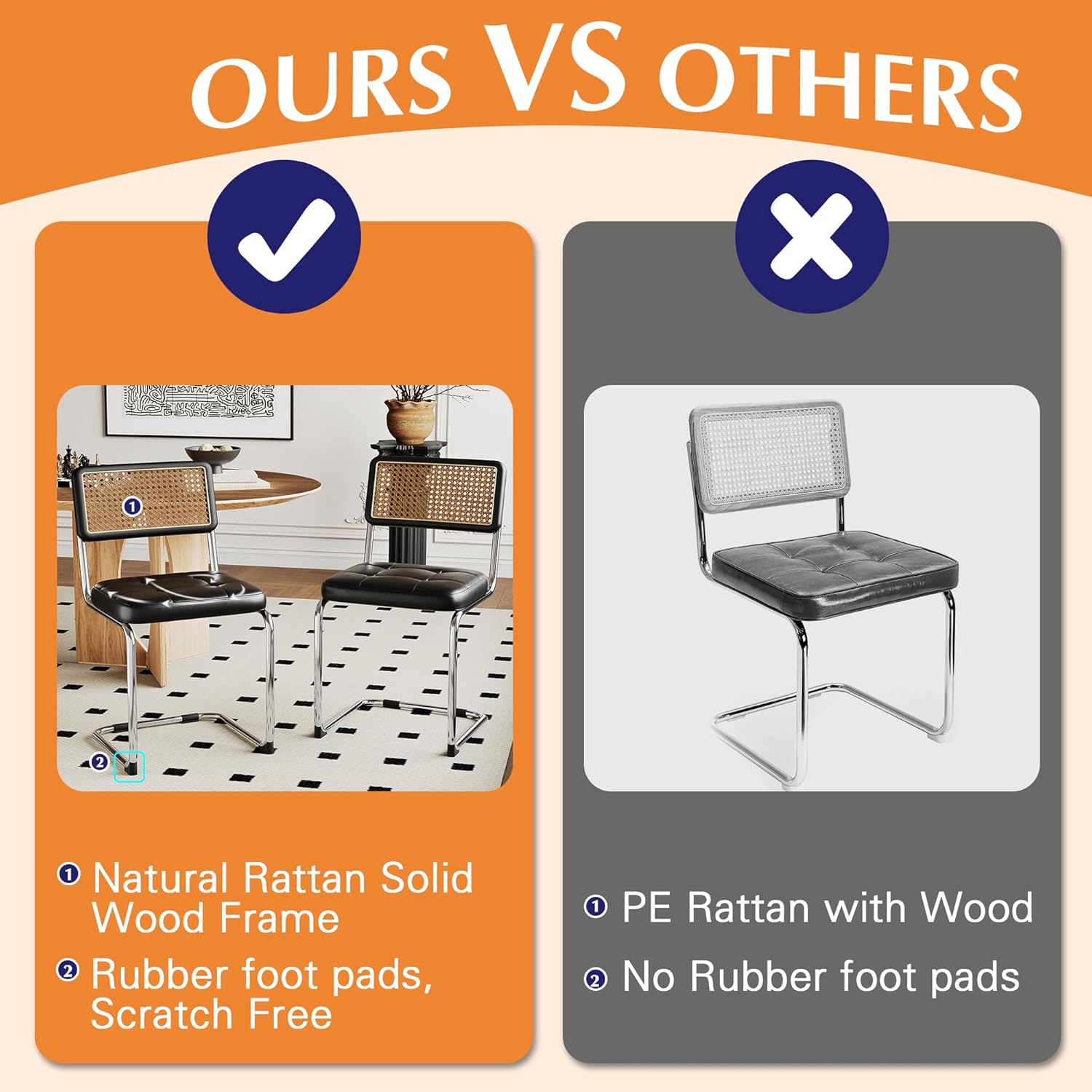 Alunaune Juego de 2 sillas de comedor modernas de mediados de siglo, silla decorativa tapizada de ratán natural, sillas laterales sin brazos con