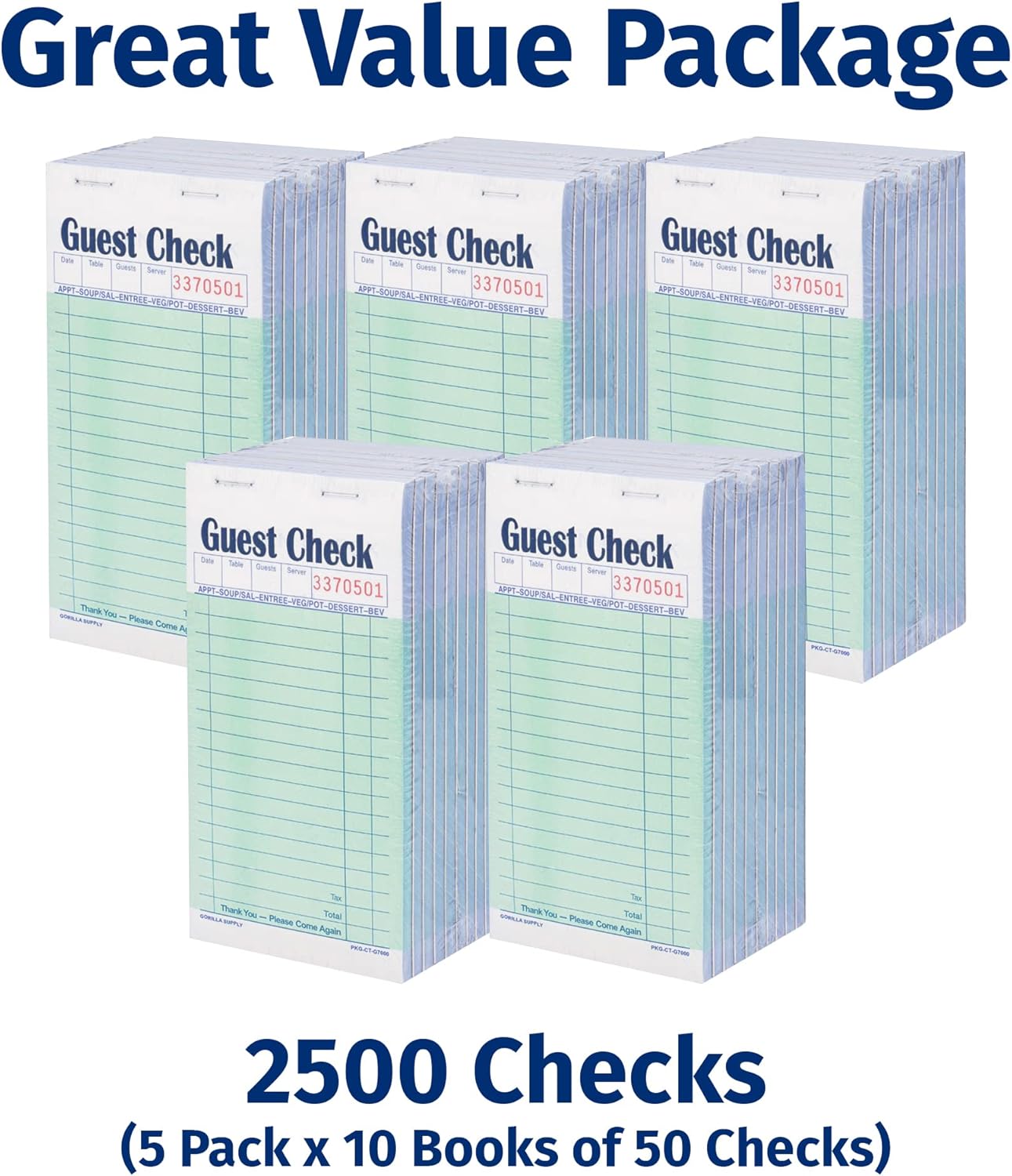 2500 Gorilla Supply – Libro de cheques para invitados de 3.4 x 6.73 pulgadas, bloc de notas para servidor para camarero y camarera, cheques