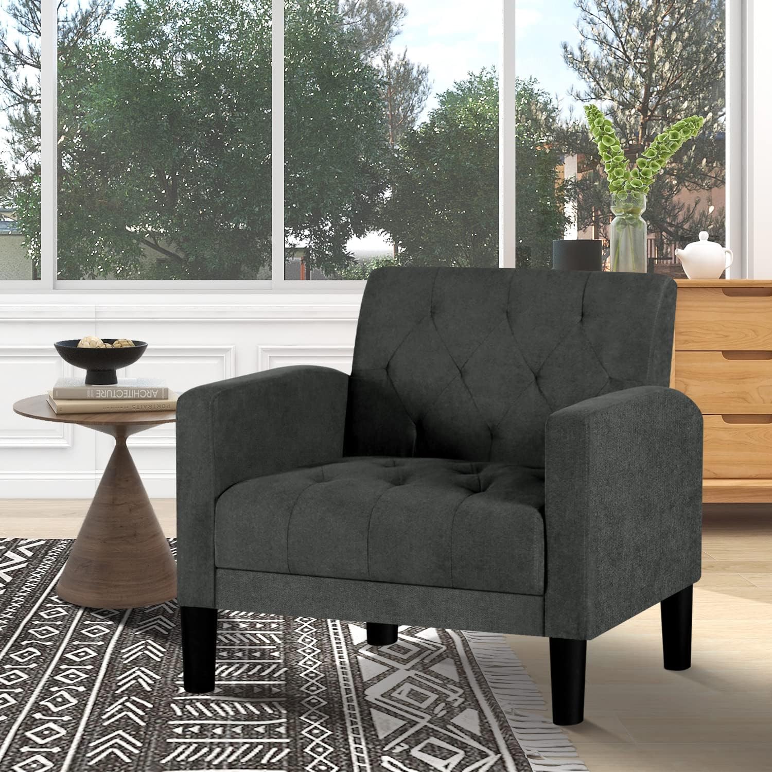 VAMEPOLE Silla decorativa, cómoda silla de sala de estar, acogedora silla decorativa copetuda moderna de mediados de siglo, silla tapizada con brazo
