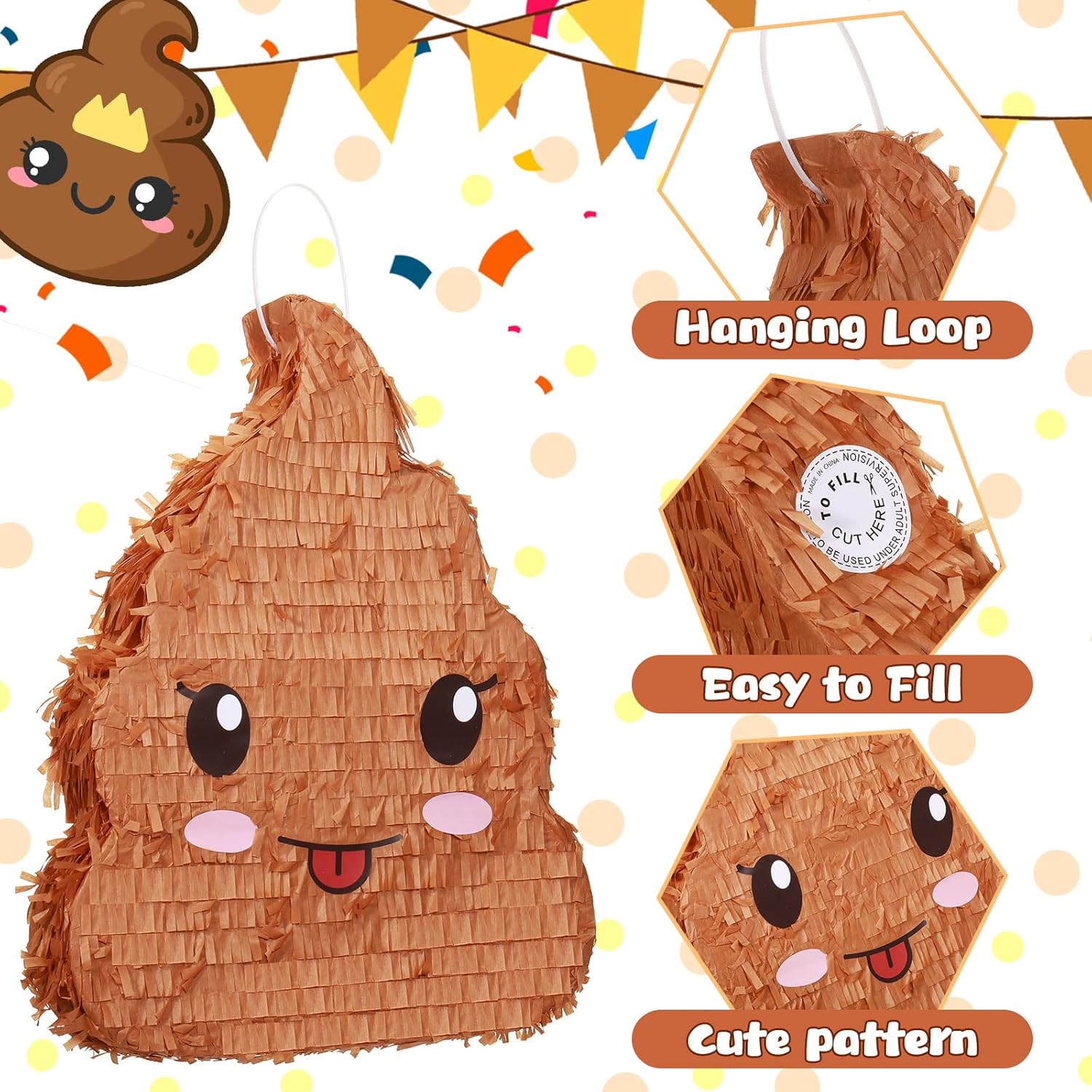 Paquete de piñata de caca de 16 pulgadas de alto, piñata emoticon con venda, murciélago y confeti para decoraciones de fiesta de cumpleaños,