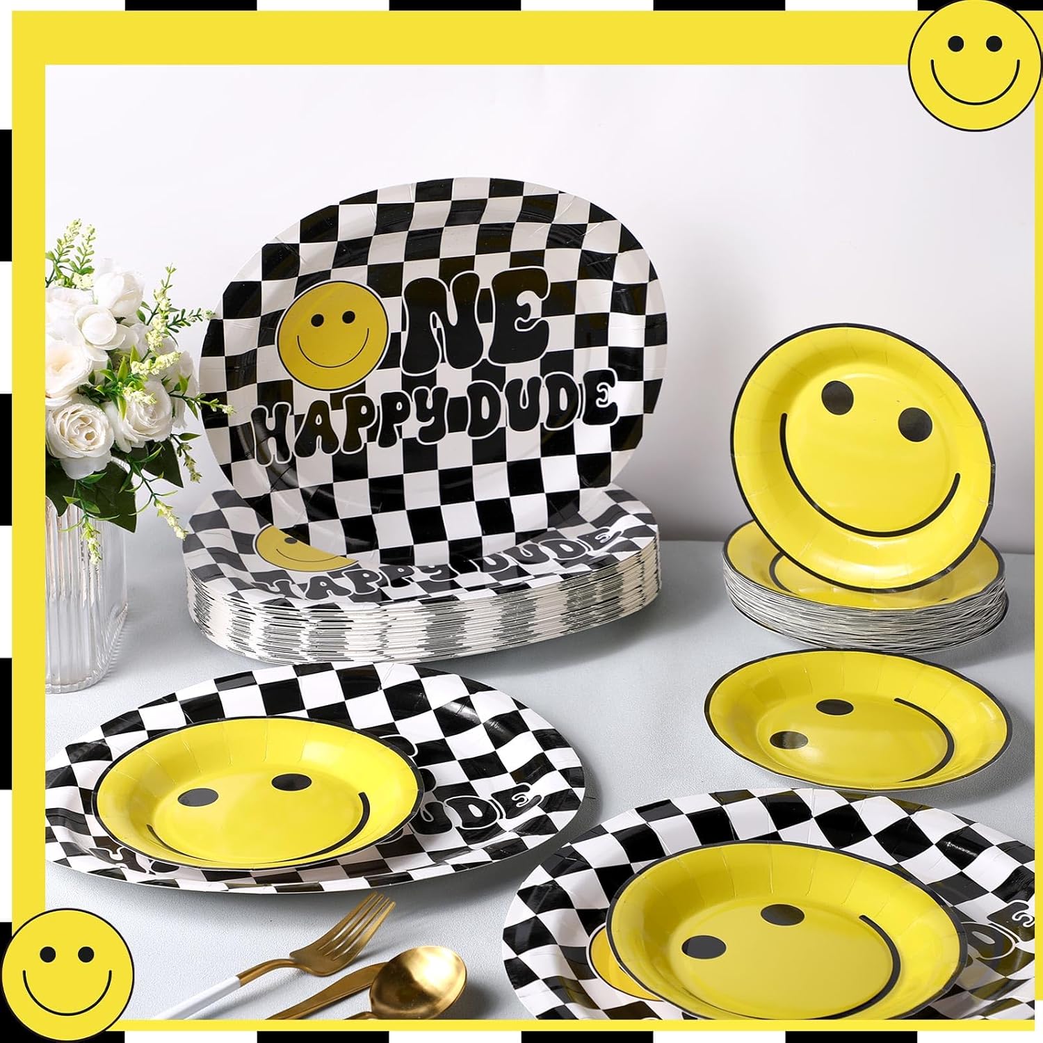 100 piezas de decoración de cumpleaños de One Happy Dude Smile, suministros de fiesta desechables de 10 x 12 pulgadas, platos de One Happy Dude con
