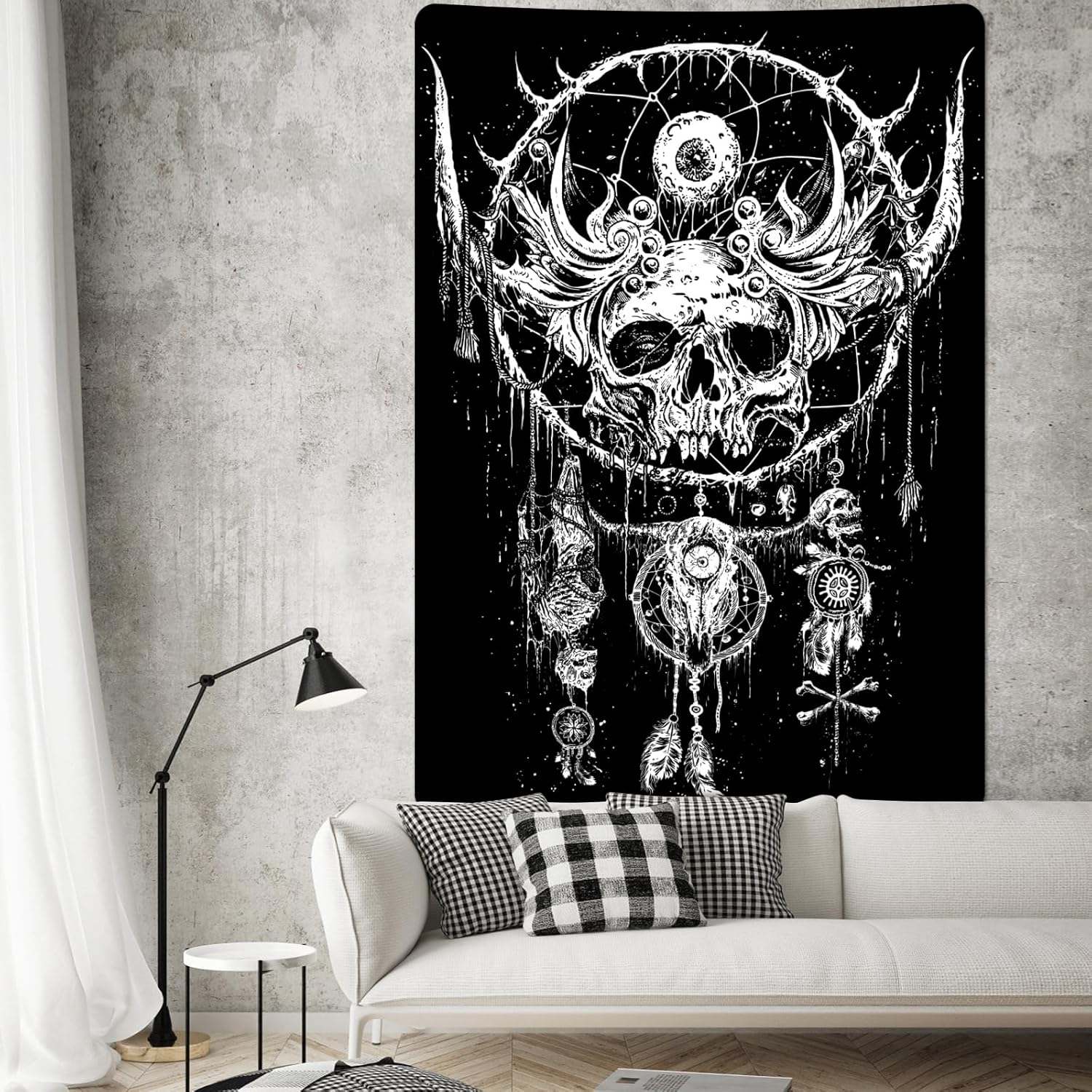Livole Tapiz de calavera en blanco y negro, tapiz de esqueleto gótico, ojos hippies, tapiz de atrapasueños, tapiz de demonio diablo, tapiz para