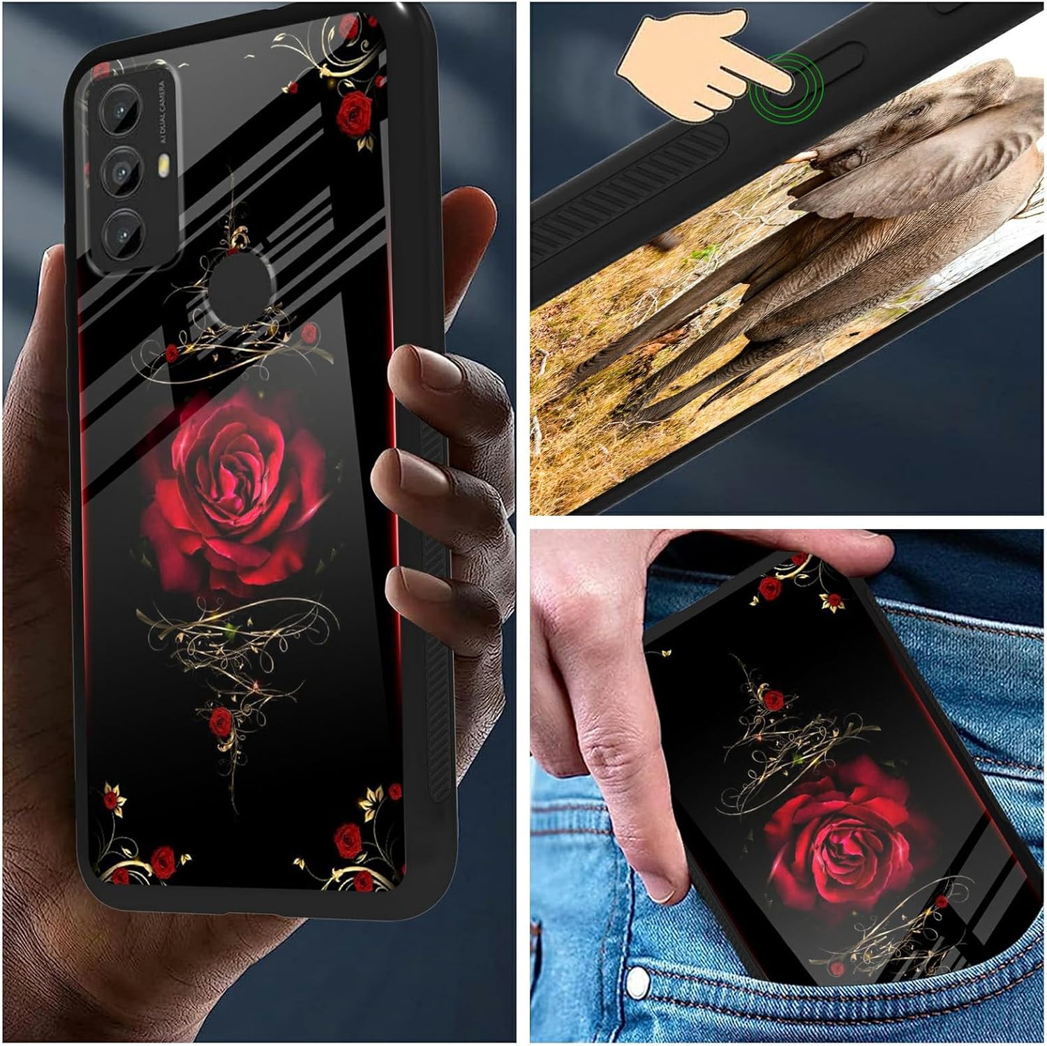 Funda para teléfono Motorola Moto G Play 2023 con protector de pantalla de vidrio templado delgado, cubierta negra, diseño elegante de flores rosas