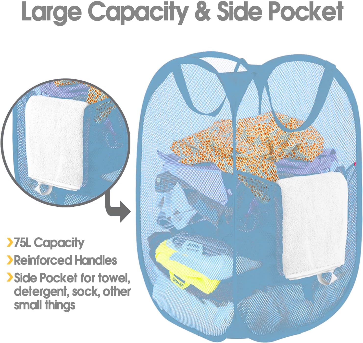 BATTOO Cesta plegable de malla fuerte de lujo con bolsillo lateral plegable para lavandería, baño, habitación de los niños, dormitorio universitario
