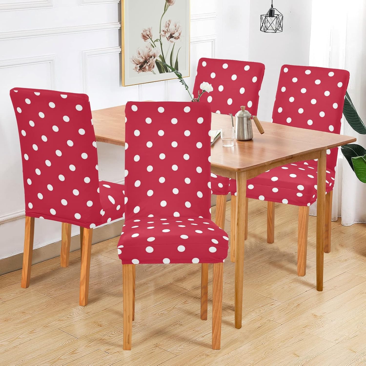 ALAZA Fundas para sillas de Navidad, diseño de lunares rojos y blancos, para decoración del hogar, cocina, comedor, elásticas, extraíbles y