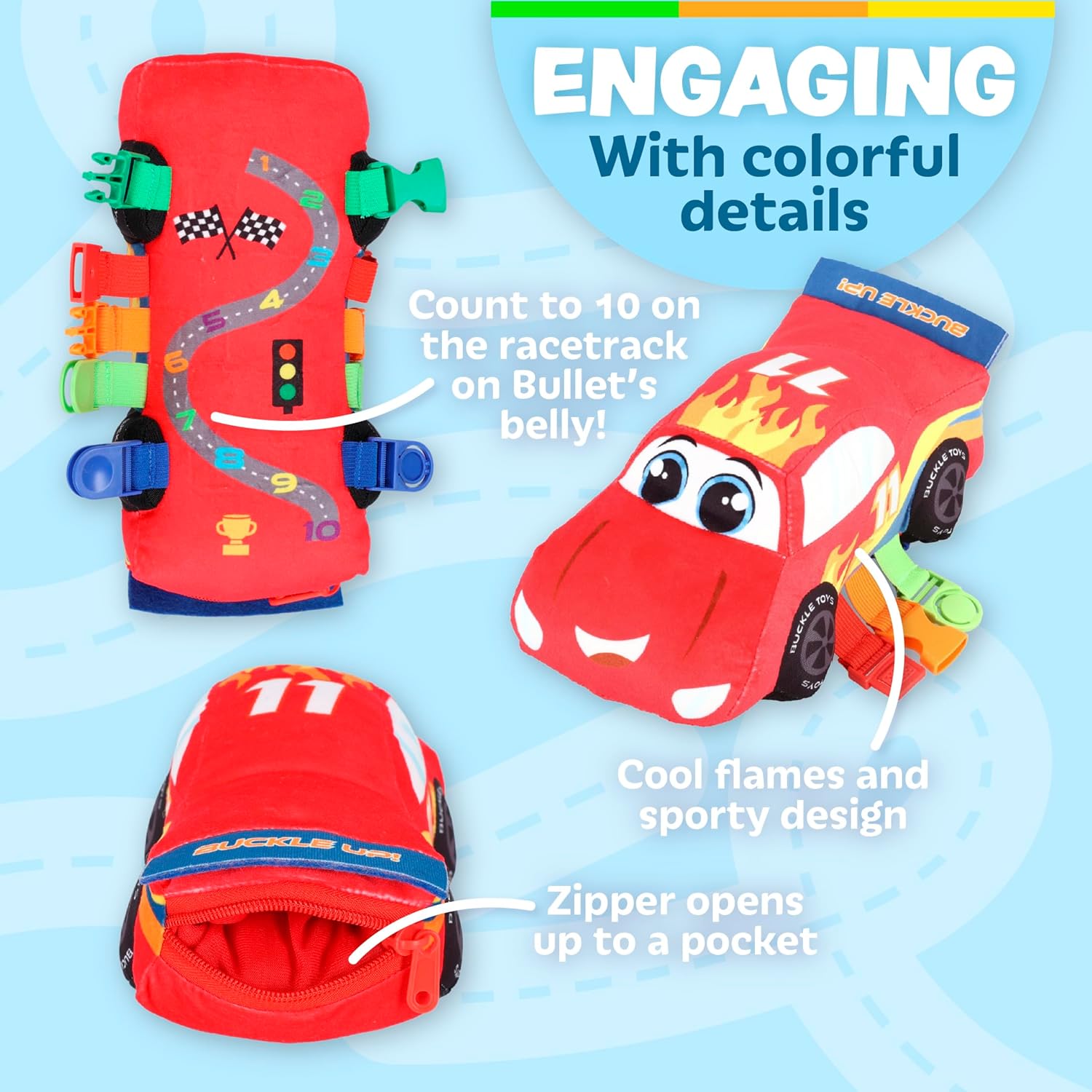 Buckle Toys – Bullet Racecar – Desarrolla habilidades motoras finas – Juguetes de actividad de aprendizaje sensorial – Esencial de viaje en avión