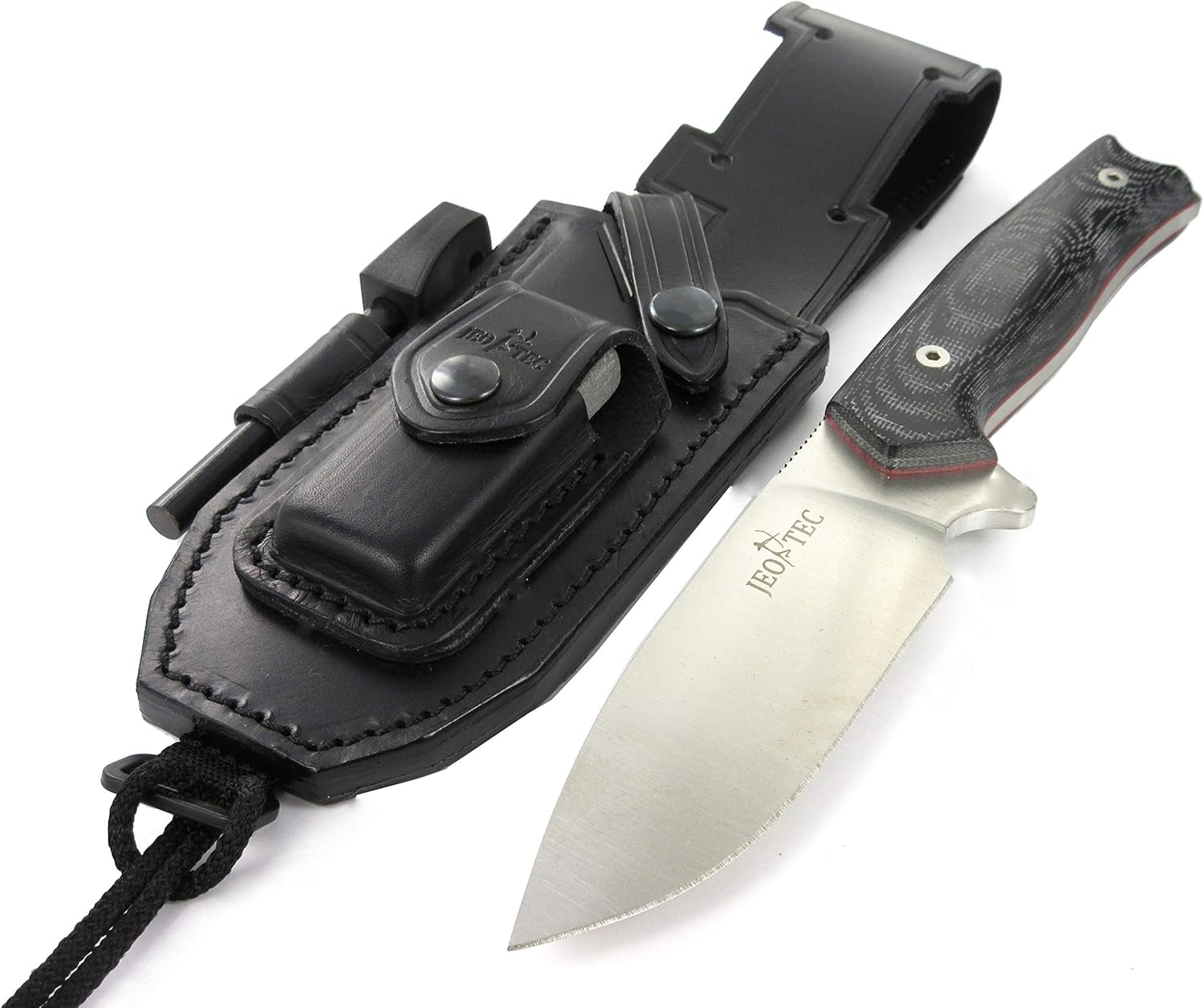JEO-TEC N21 Bushcraft Survival Hunting Cuchillo táctico de hoja fija – BOHLER N690C acero inoxidable, funda de cuero multiposición, piedra afiladora
