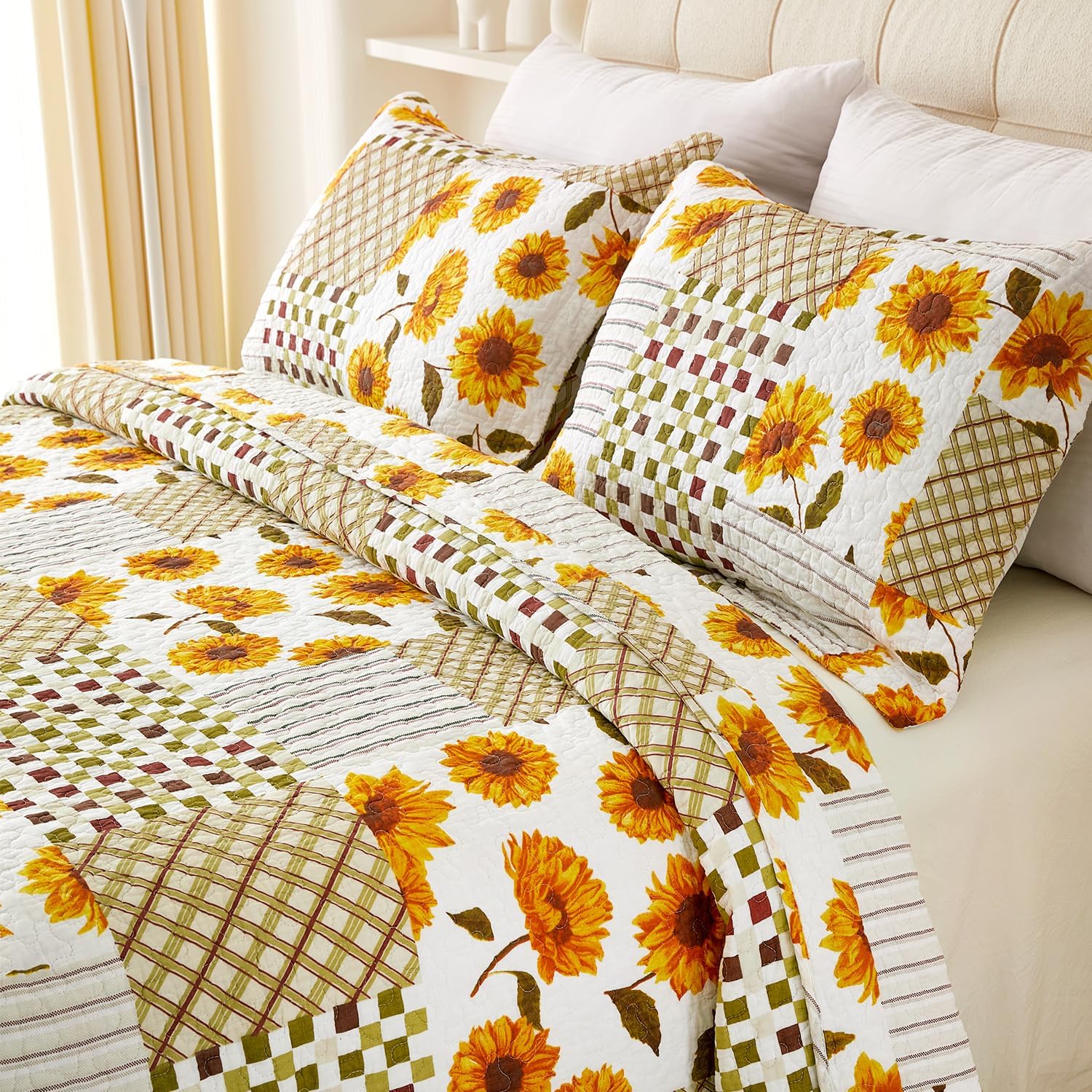 EVENHUG Juego de edredón de 100 % algodón, tamaño King, diseño de girasol naranja, ligero, floral, reversible, con 2 fundas de almohada, para todas