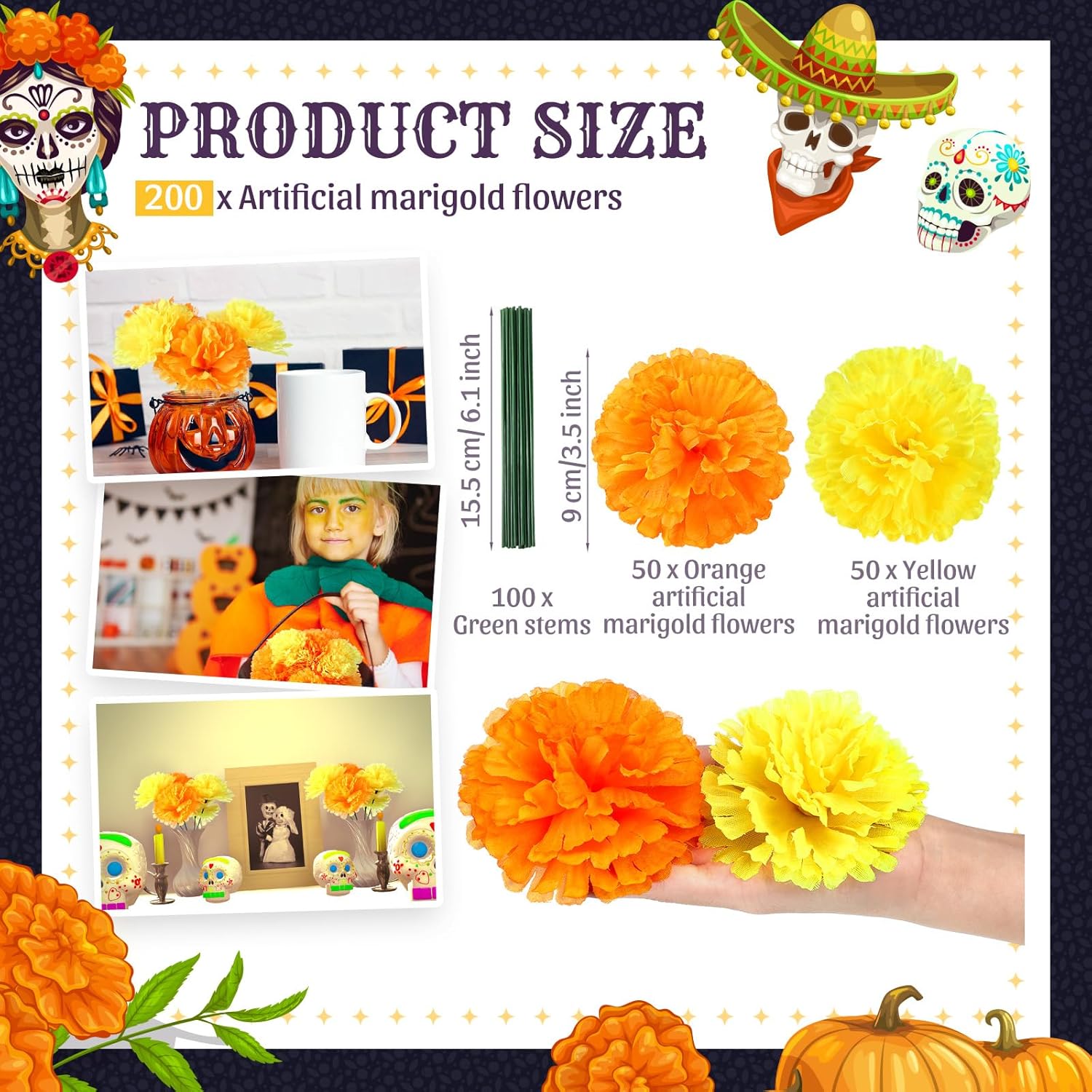 100 flores artificiales de caléndula con tallos de 3.5 pulgadas, flor falsa de caléndula de seda para fiesta de Halloween, decoración de altar para