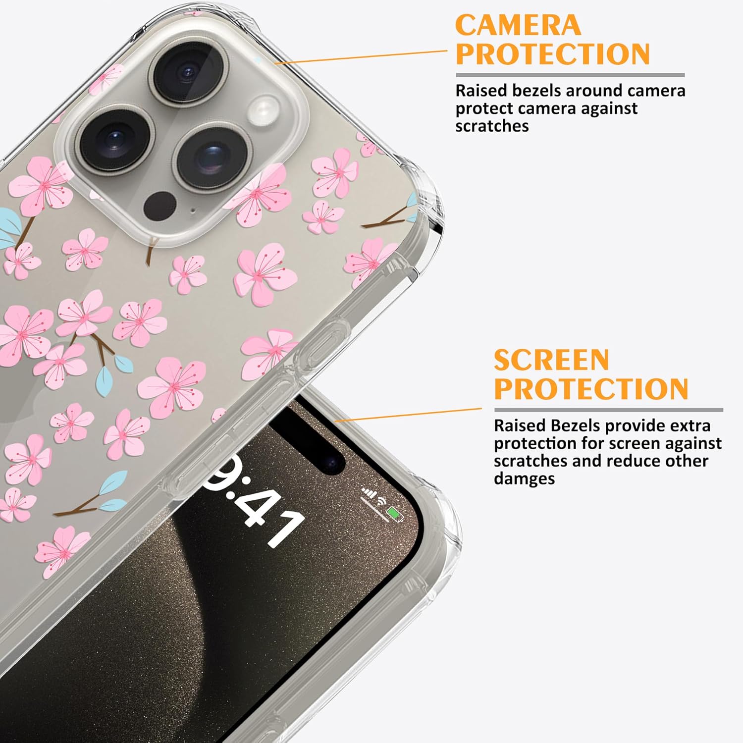 MSEAANBK Funda transparente de flor de cerezo diseñada para iPhone 15 Pro, funda transparente de flor de Sakura para iPhone 15 Pro para mujeres y