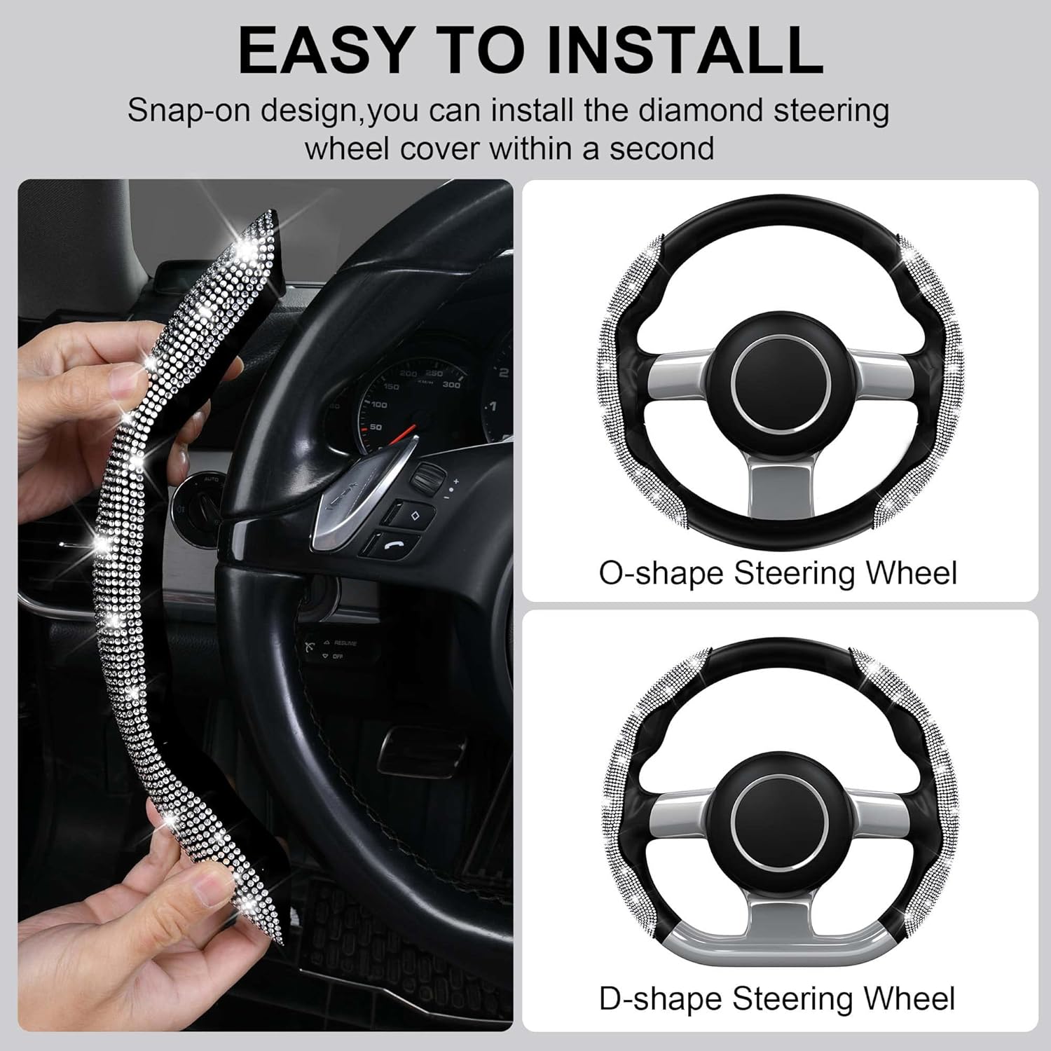 CAR PASS Funda para volante con diamantes de imitación de cristal, protector de rueda segmentado, antideslizante, lindos accesorios de automóvil,
