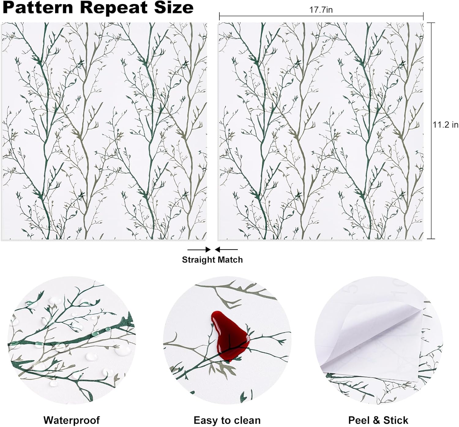 Melwod Papel tapiz de ramas de árbol verde, 17.7 x 472 pulgadas, papel tapiz moderno de ramas de árbol, papel tapiz floral, autoadhesivo, extraíble,