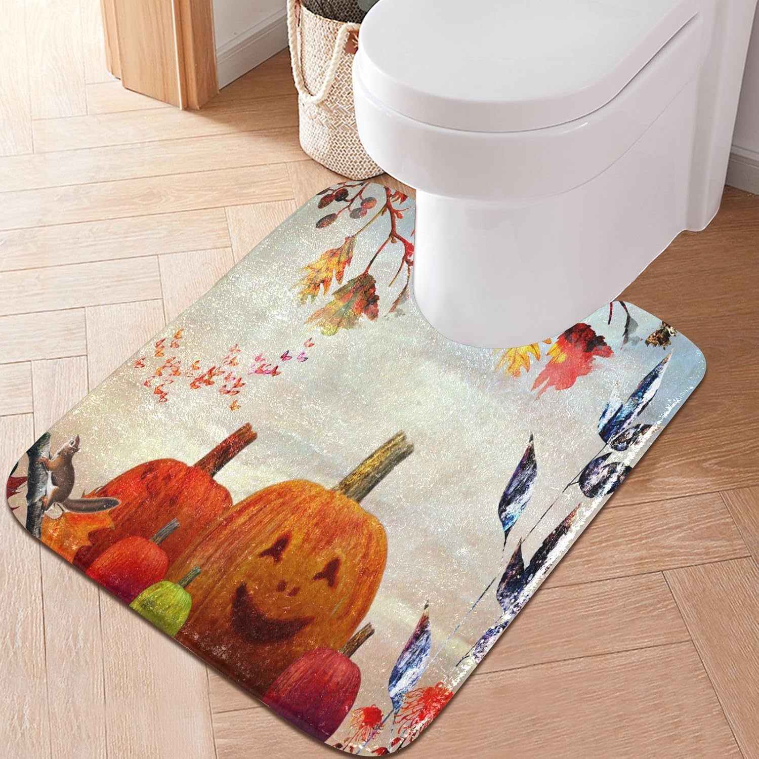 Bathroom Rugs Sets 2 Piece 24×16+24×20 Inch,Soft U-Shaped Contour Toilet Rug Halloween Pumpkin Retro Non-Slip Absorbent Bath Floor Mat Carpet Set