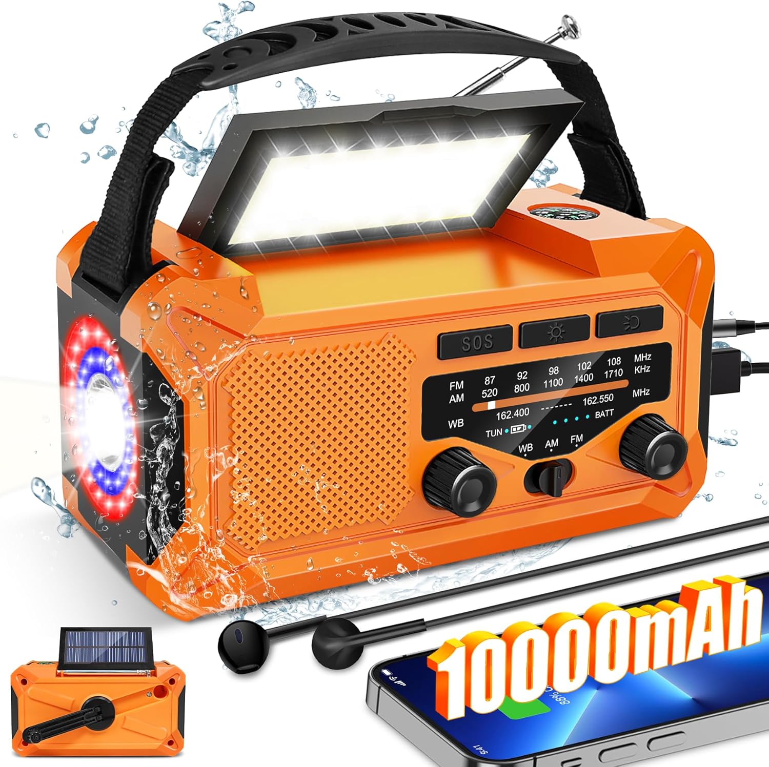 Radio meteorológica de emergencia de 10000 mAh con carga solar, manivela y carga tipo C, radio portátil AMFMNOAA, linterna LED, brújula de lámpara