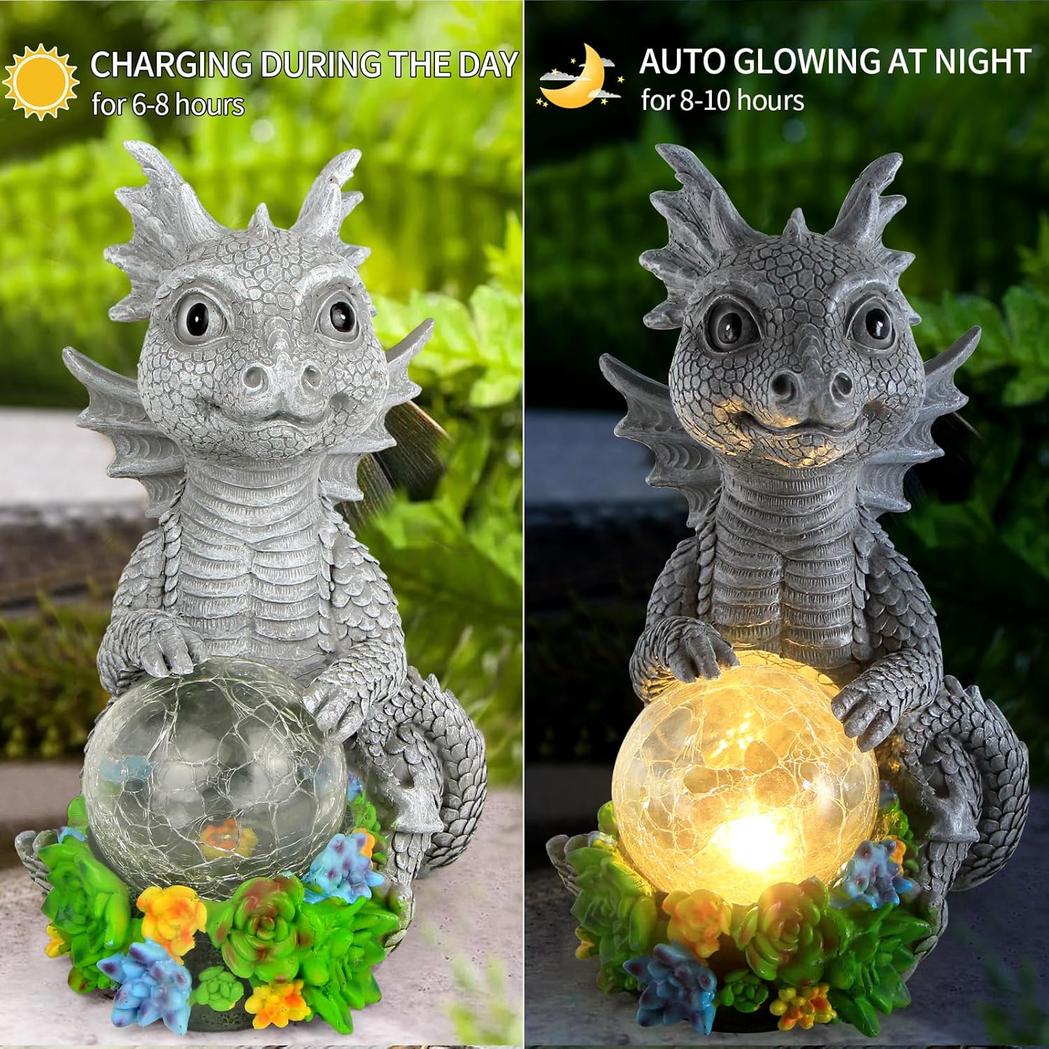 Estatuas solares de jardín al aire libre, dragón sosteniendo orbe mágico con luces LED solares, decoración de césped al aire libre para patio,