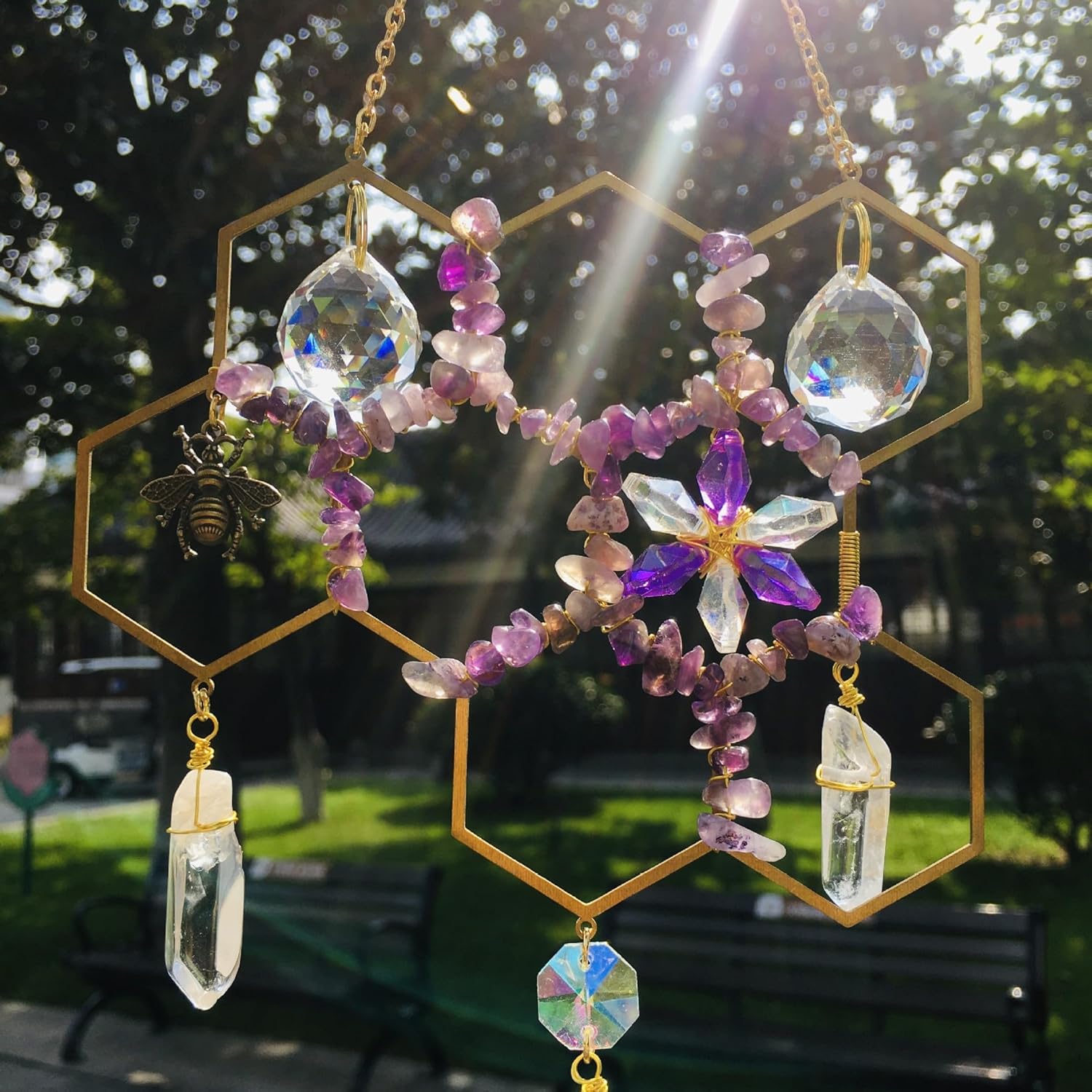Atrapasoles de cristales para colgar en la ventana, diseño de panal de abejorros, hecho a mano, para el hogar, interior, exterior, jardín, adorno de