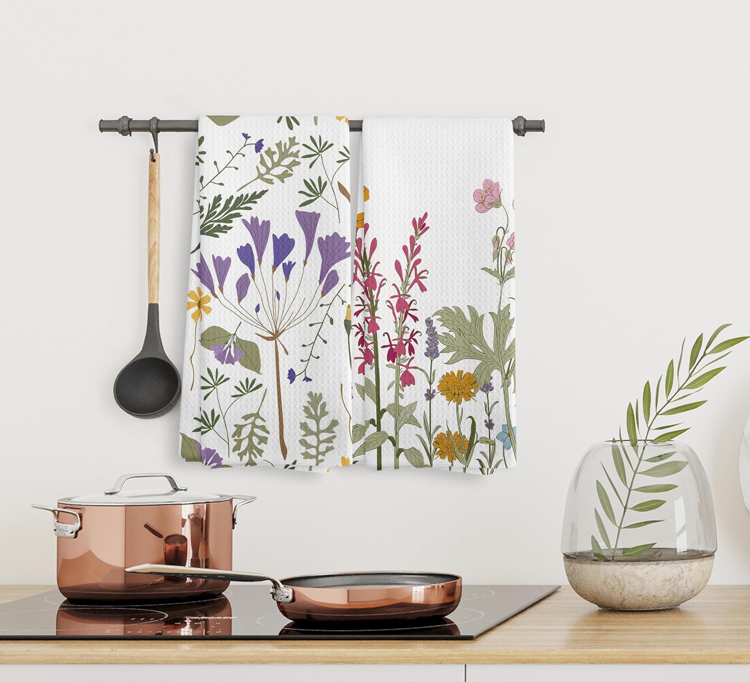 Juego de 2 paños de cocina y paños de cocina con diseño floral de jardín botánico de acuarela, toallas de mano absorbentes de flores de primavera y