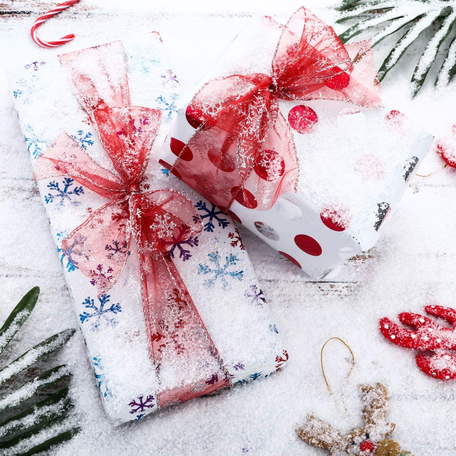Boao Cinta de organza de 2.5 in de ancho con copos de nieve, cinta transparente con purpurina con carrete para decoración de Navidad, envoltura de