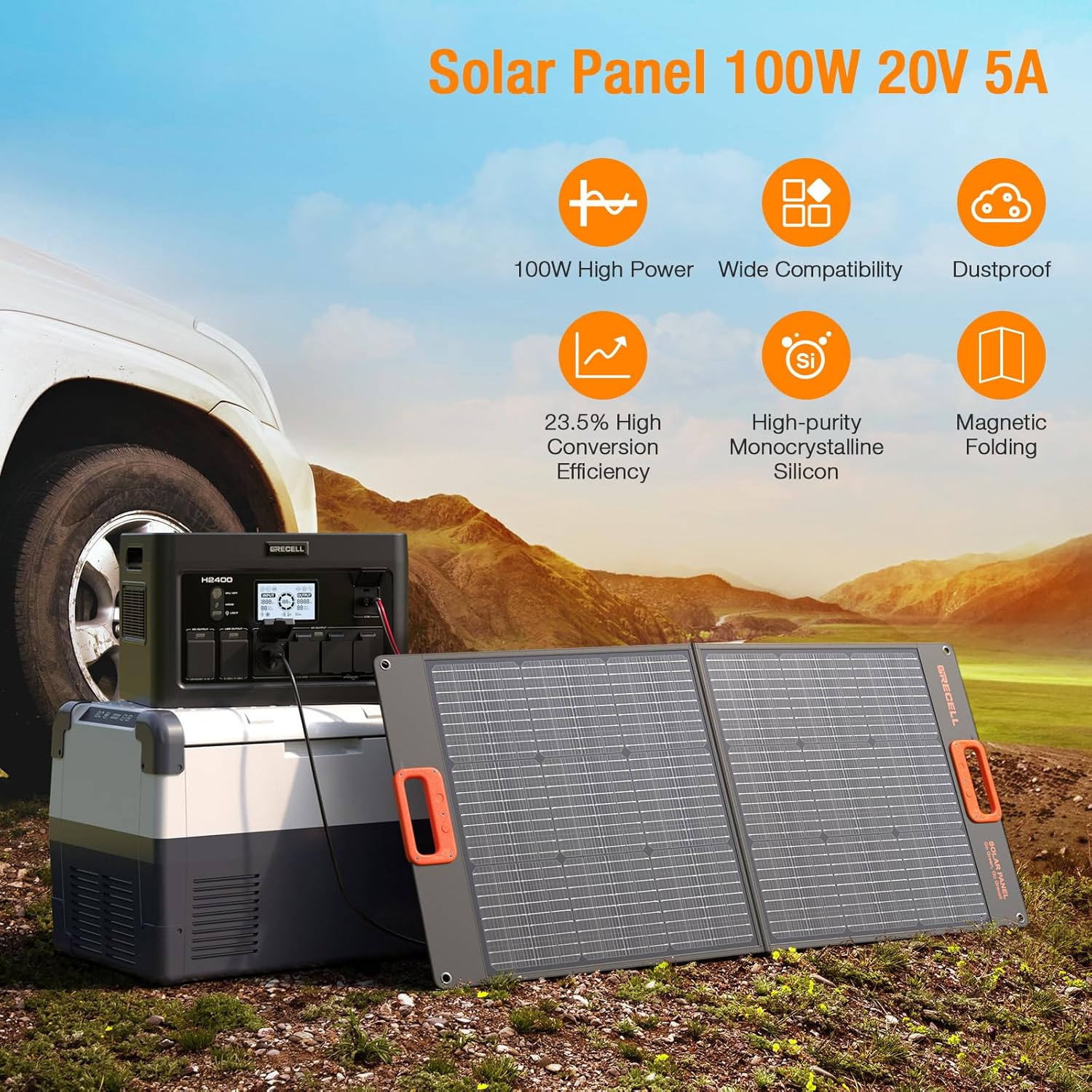 GRECELL Estación de energía portátil de 2400 W generador solar con 2 paneles solares de 100 W, fuente de alimentación de batería LiFePO4 de respaldo
