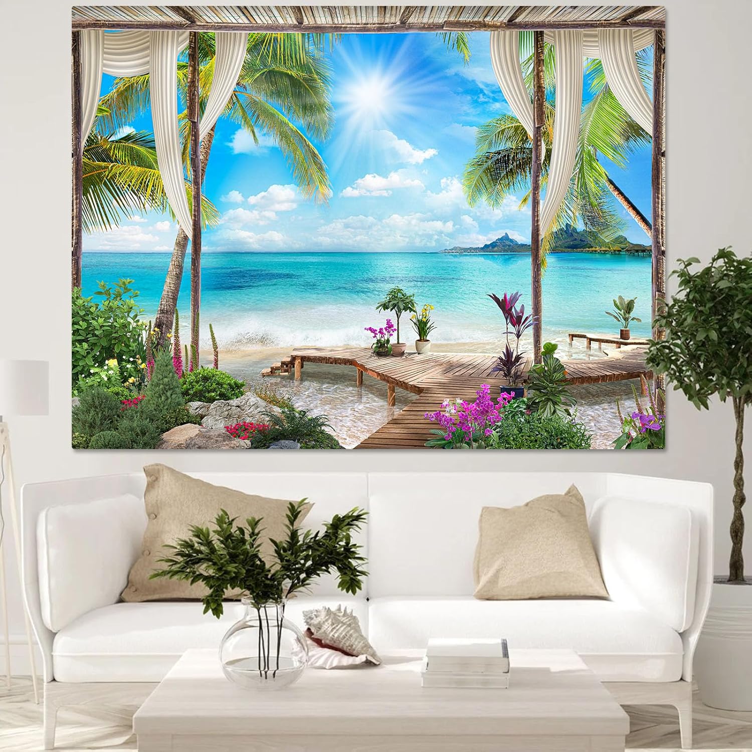Leeisysme Tapiz de paisaje de playa, océano tropical, isla de mar, palmera, para sala de estar, ventana de verano, para colgar en la pared, 36 x 48