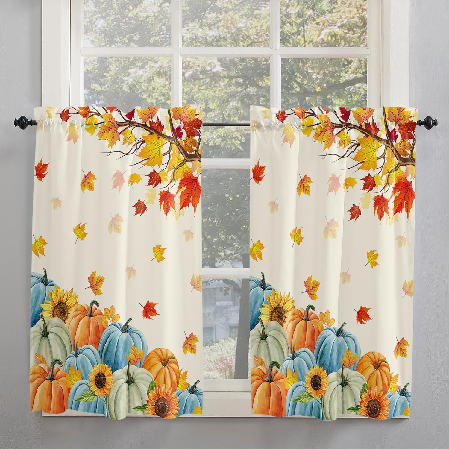 Juego de 2 paneles de cortinas de cocina de otoño de 45 pulgadas de largo, cortinas de ventana con filtro de luz, cortinas de café, cortinas con