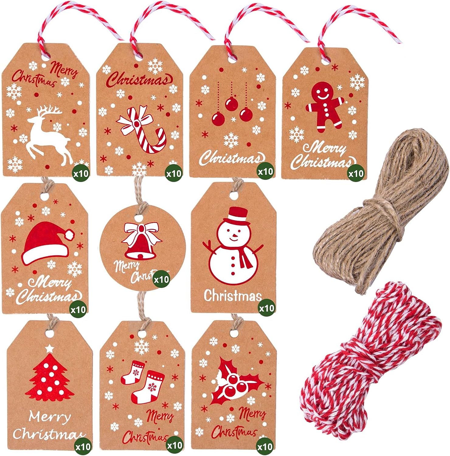 Paquete de 100 etiquetas de regalo de papel kraft de Navidad, etiquetas de papel kraft marrón navideño, etiquetas colgantes de Navidad con cuerda de