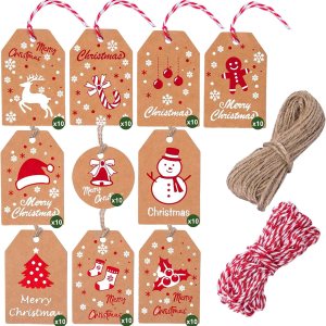Paquete de 100 etiquetas de regalo de papel kraft de Navidad, etiquetas de papel kraft marrón navideño, etiquetas colgantes de Navidad con cuerda de Paquete de 100 etiquetas de regalo de papel kraft de Navidad, etiquetas de papel kraft marrón navideño, etiquetas colgantes de Navidad con cuerda de