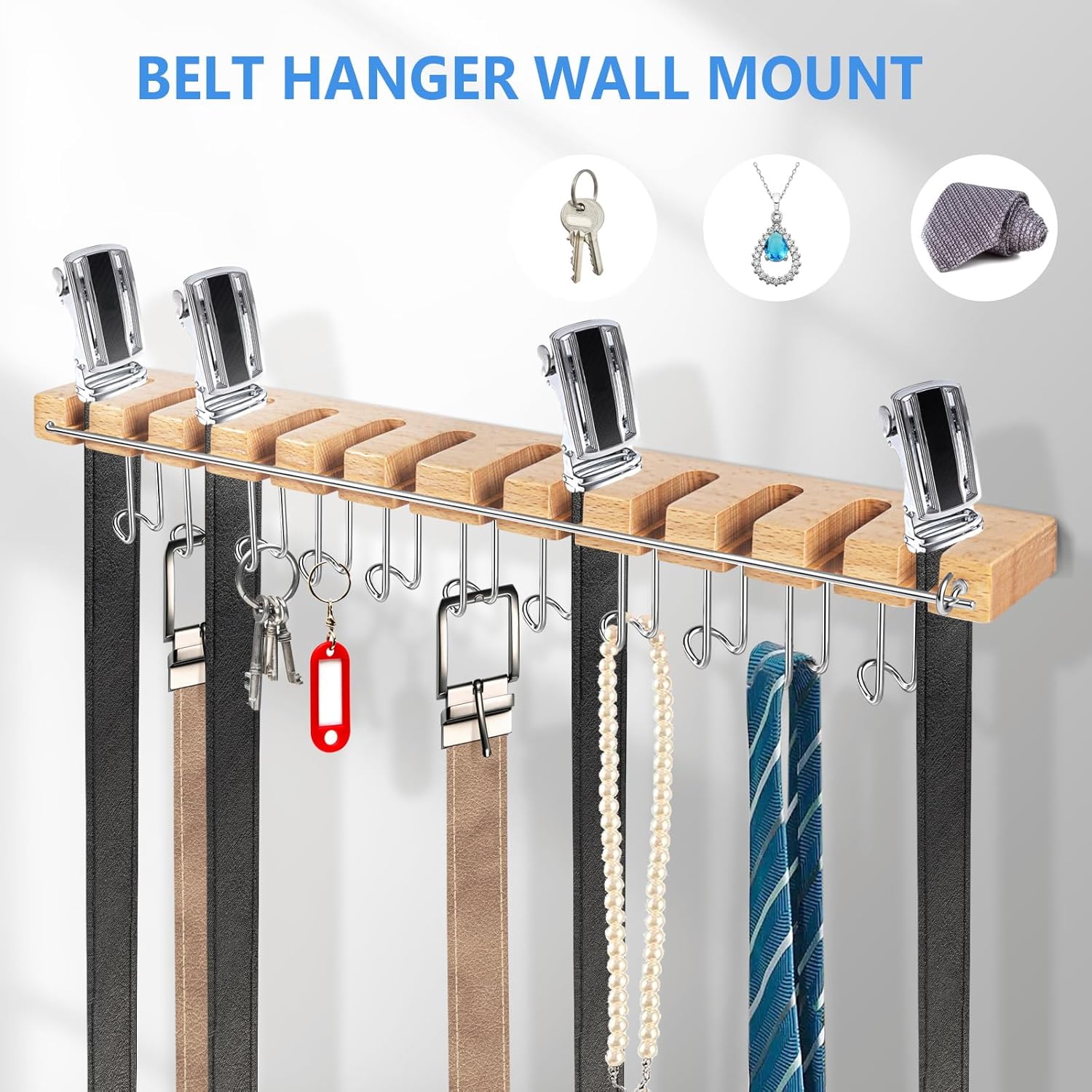 Percha para cinturón para armario, para evitar caídas y soporte de pared para cinturón de madera, sostiene 23 cinturones, soporte para cinturón para