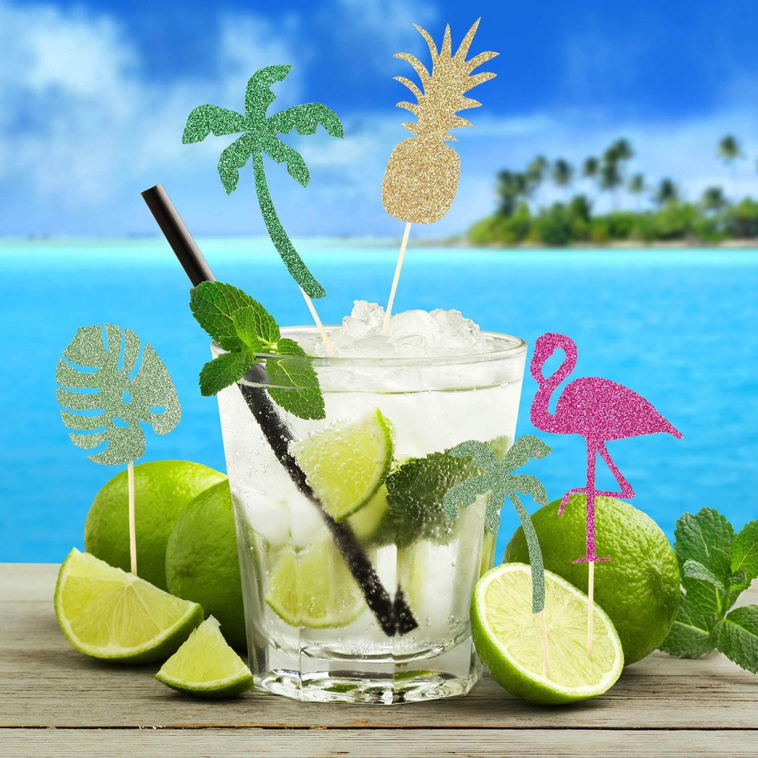 50 piezas tropicales hawaianas Luau Cupcake Toppers con purpurina Hawaii Cake Cocktail Palillo de dientes flamenco piña hibisco flores hojas de