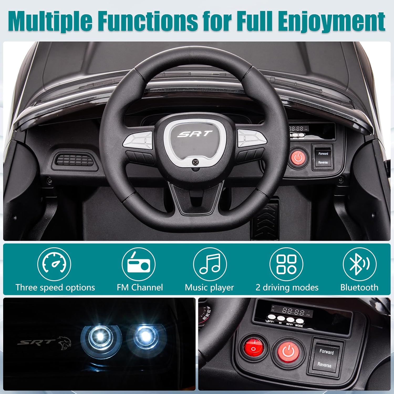 SEGMART Dodge Kids Ride on Car, vehículo eléctrico de 12 V para niños con control remoto, luz LED, MP3 y Bluetooth, sistema de suspensión (negro)