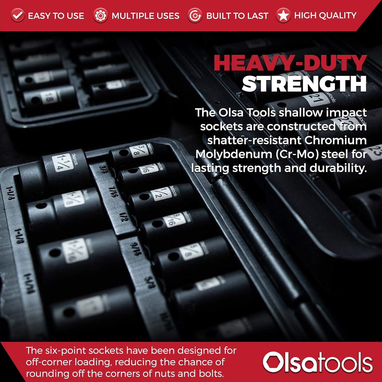 Olsa Tools Juego de dados de impacto poco profundo Cr-Mo de 12 pulgada  CrMo de grado profesional  SAE de 6 puntos  14 piezas de 38 pulgadas a 1-14