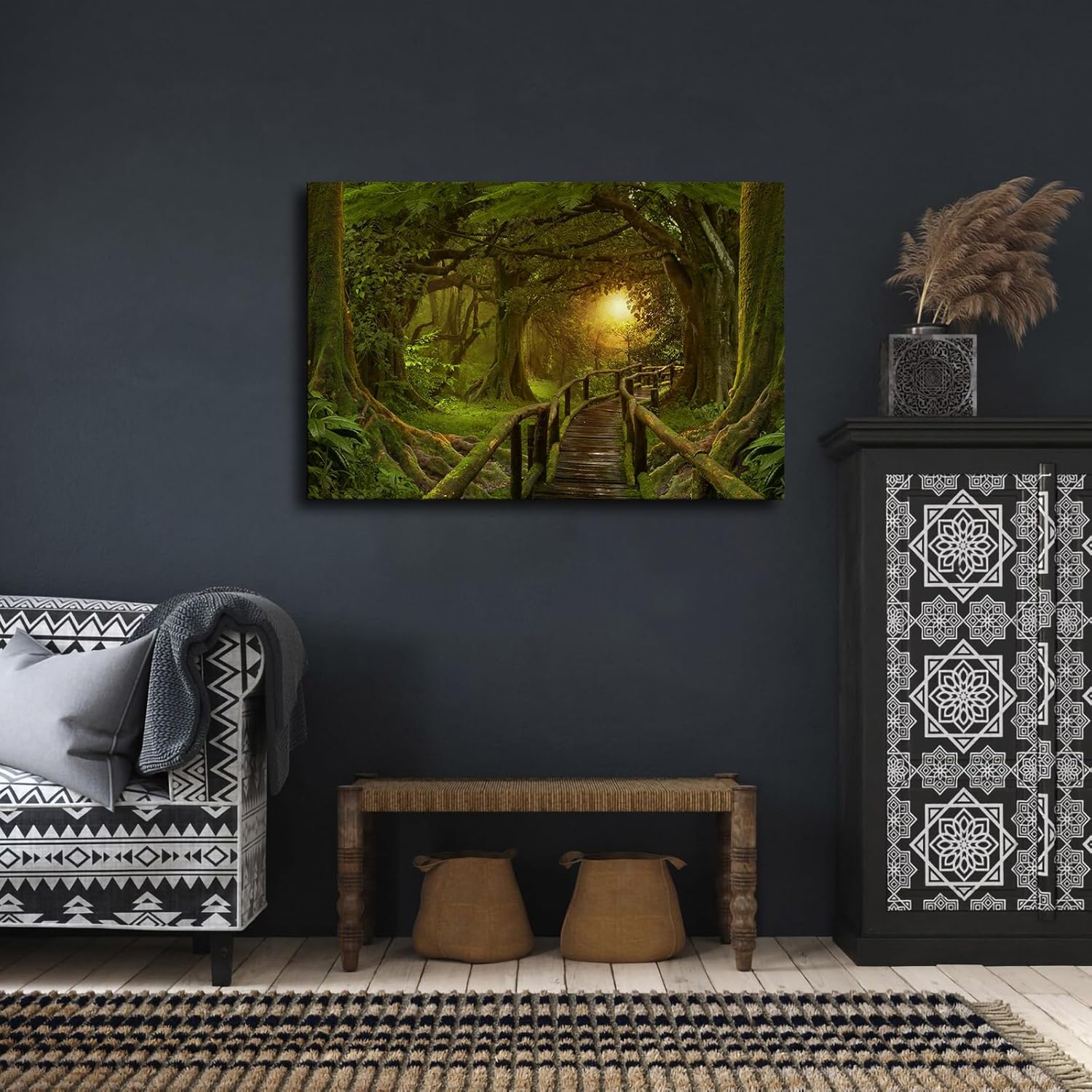 NikkOh Póster de paisaje de puente, puente de selva tropical, puesta de sol, pintura en lienzo, pintura HD, impresión para dormitorio, pared,