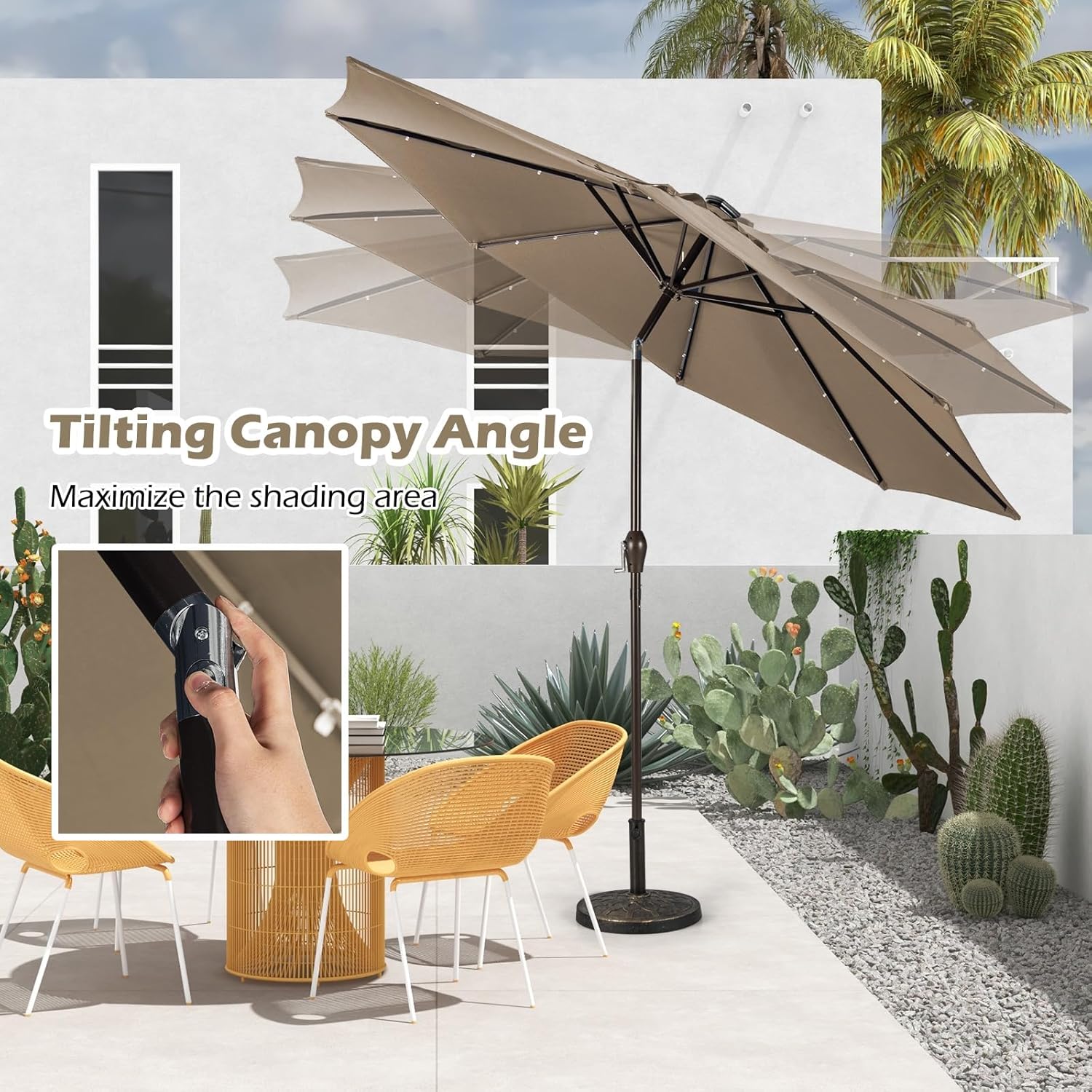 Giantex Sombrilla de patio al aire libre de 9 pies10 pies con luces solares, sombrilla de mercado de mesa con manivela y sistema de inclinación de