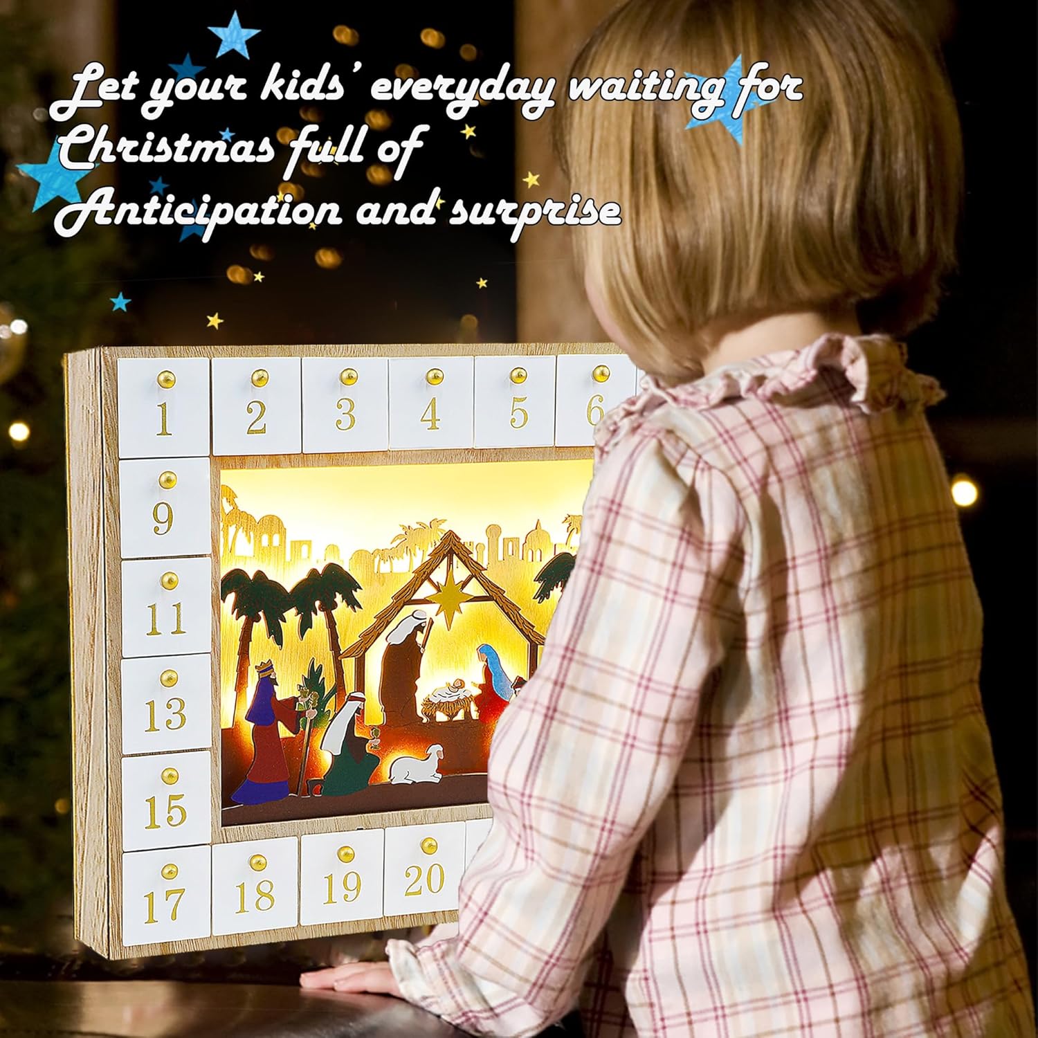 Lulu Home Calendario de Adviento de Navidad, 2023 caja de Adviento con iluminación de belén con cajones, cuenta regresiva de 24 días para Navidad,