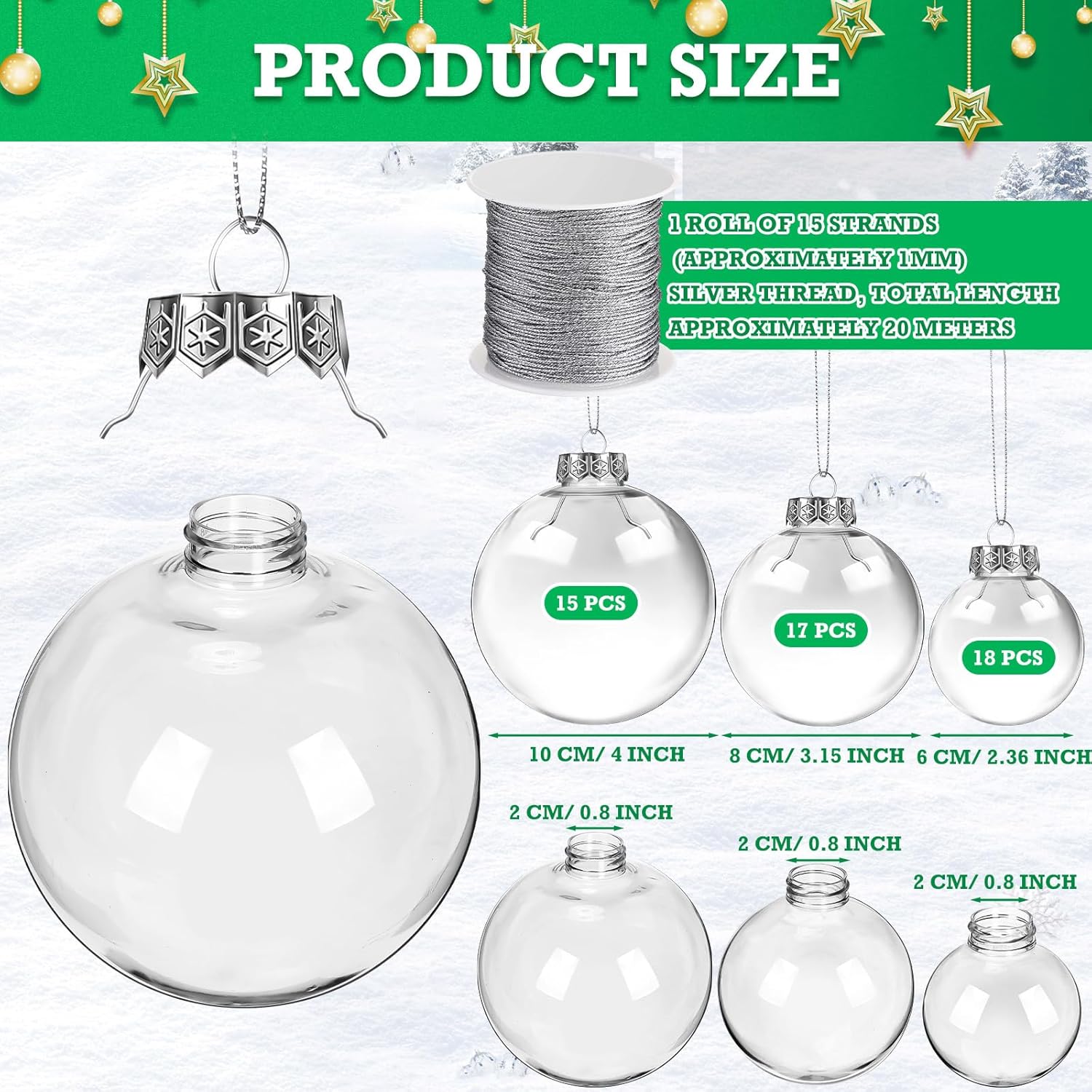 50 adornos de plástico transparente con tapa y cuerda para colgar, esferas rellenables de Navidad para manualidades, árbol de Navidad, fiesta, boda,