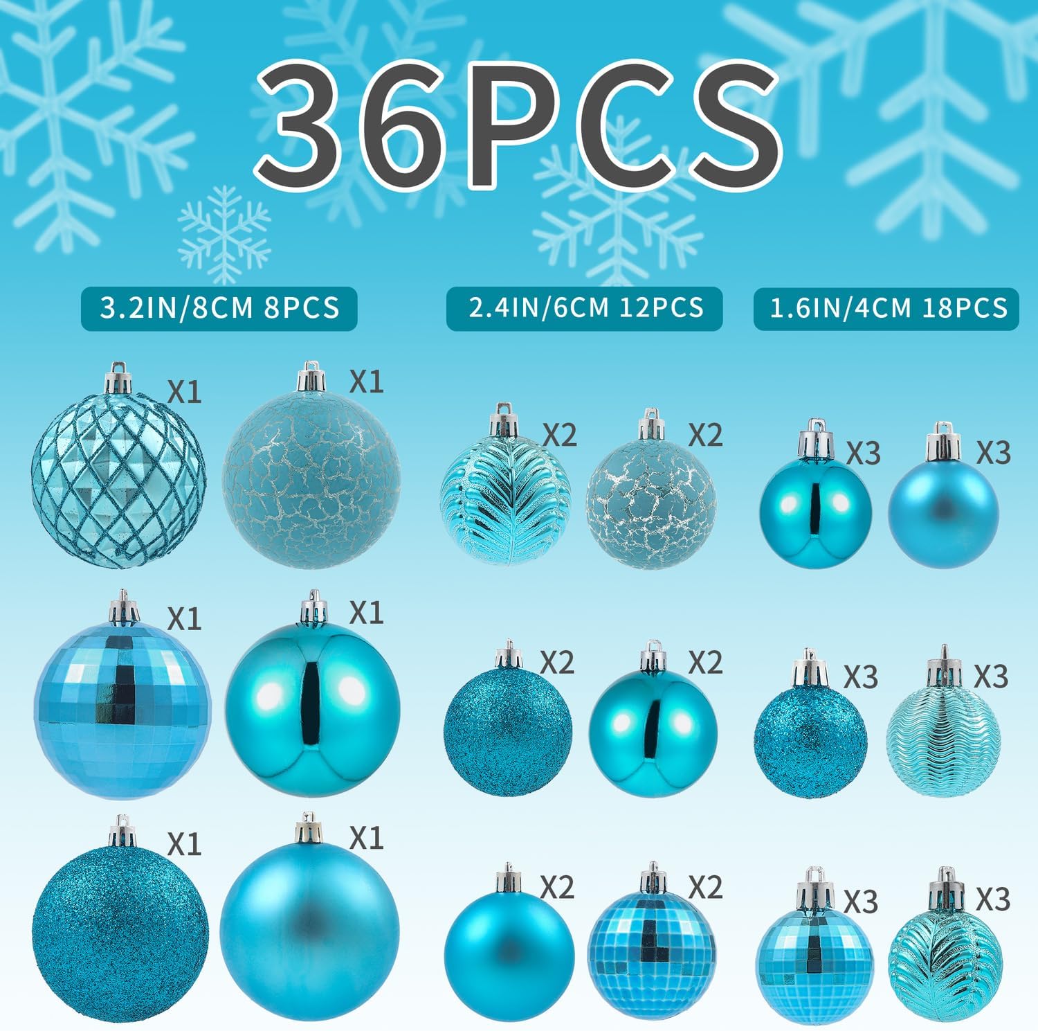 LANGXUN 36 bolas de decoración de árbol de Navidad color azul ácido 2023, 6 bolas de Navidad de 3.2 pulgadas, 12 piezas de 2.4 pulgadas, 18 piezas