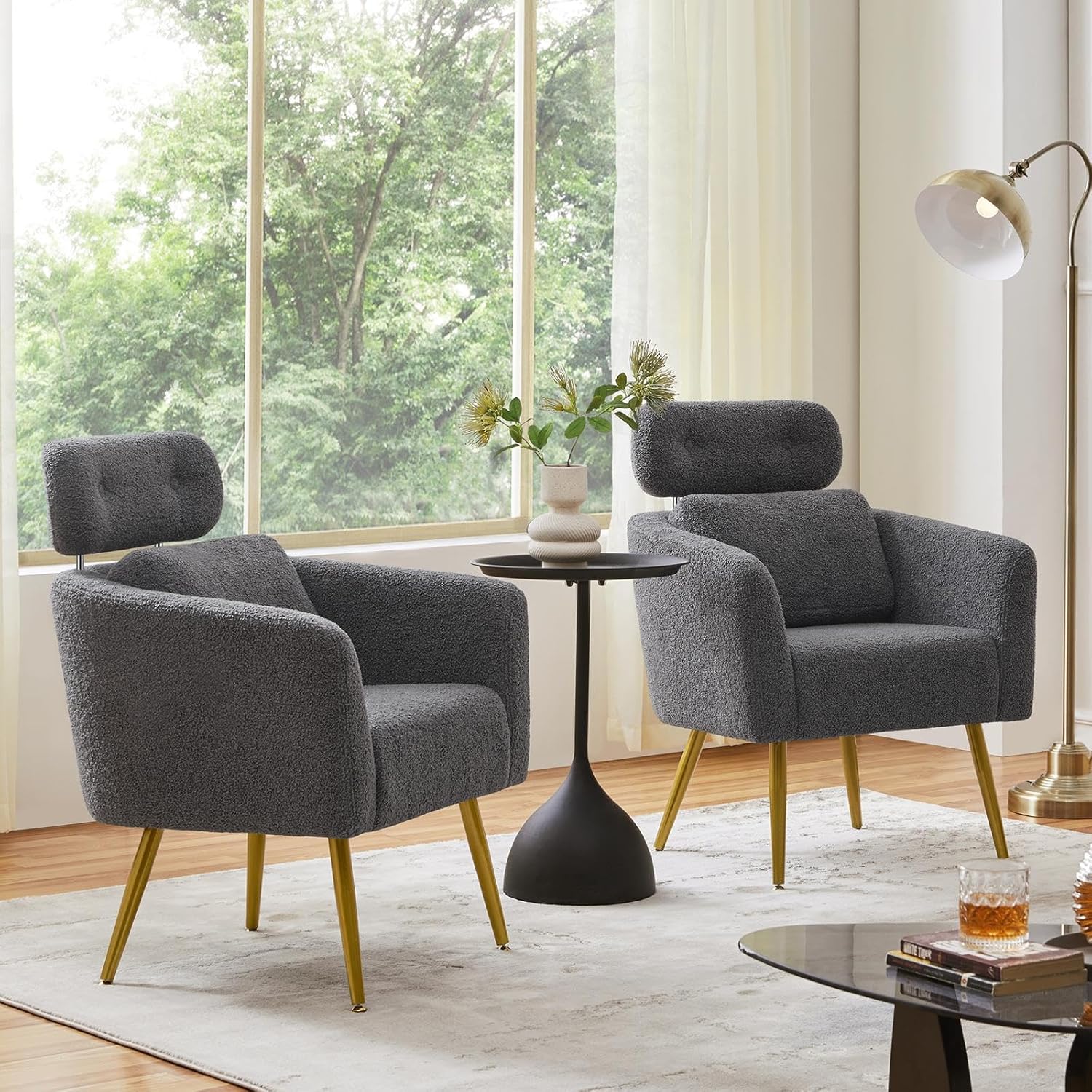 Yaheetech Silla decorativa, acogedora silla de sala de estar con reposacabezas ajustable, silla de tocador Boucle con almohada lumbar y patas